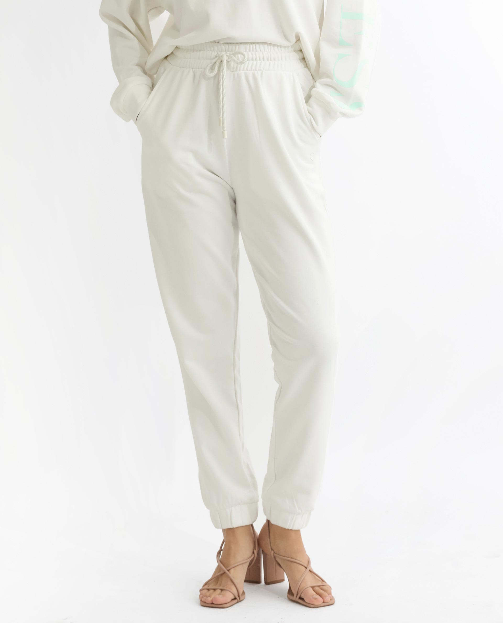 Rareism Articale Women Terac T Off White Poly Cotton Fabric Drawstring Closure Regular Fit Plain Ankle Length Track Pant