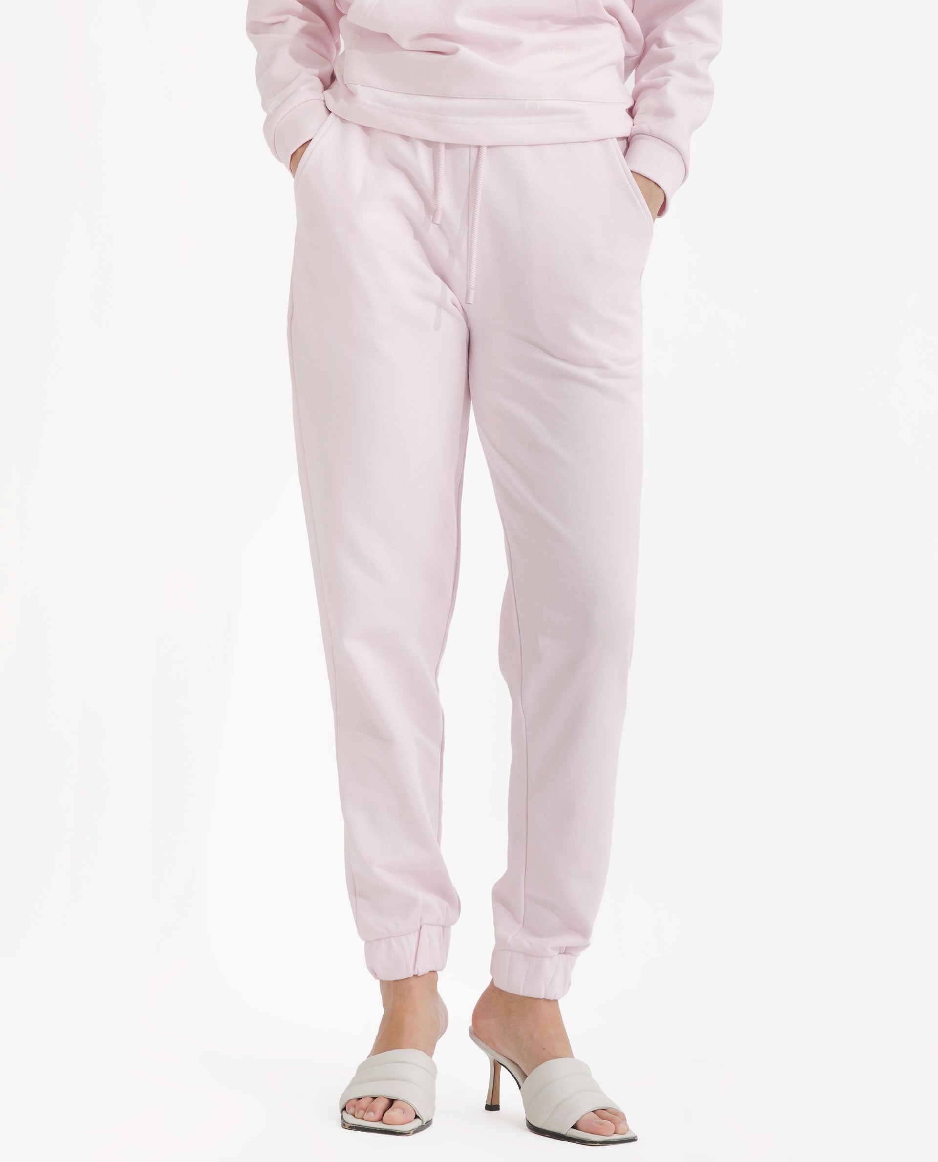 Rareism Women Terac T Light Pink Poly Cotton Fabric Regular Fit Solid Mid Rise Ankle Length Track Pant