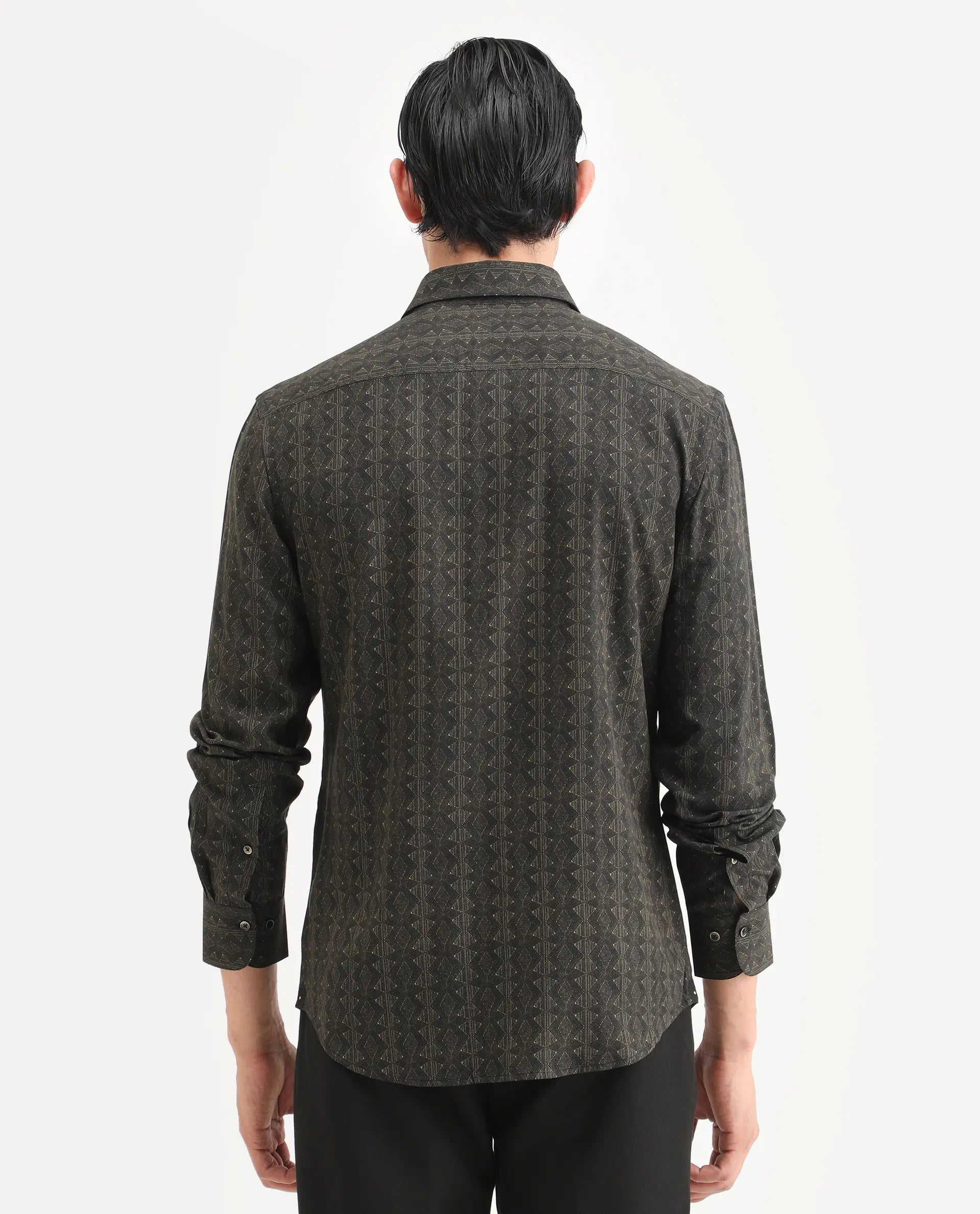 Rare Rabbit Men's Terk-L Black Viscose Fabric Full Sleeve Spread Collar Regular Fit Geometric Print Shirt