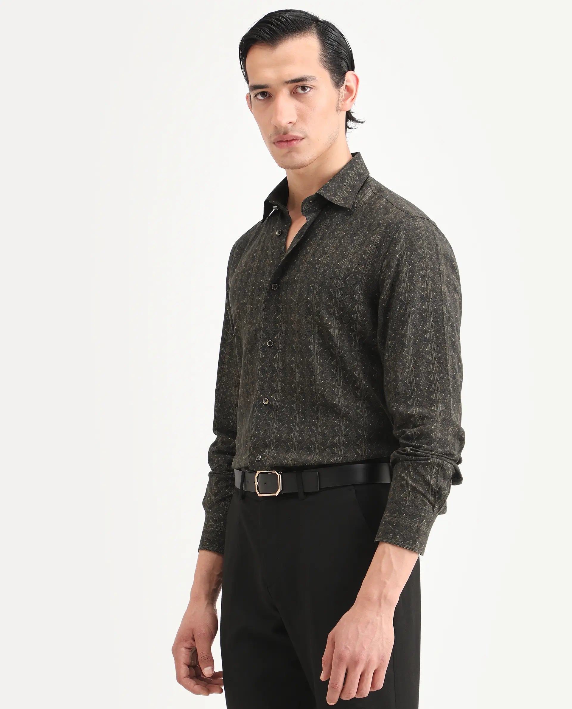 Rare Rabbit Men's Terk-L Black Viscose Fabric Full Sleeve Spread Collar Regular Fit Geometric Print Shirt