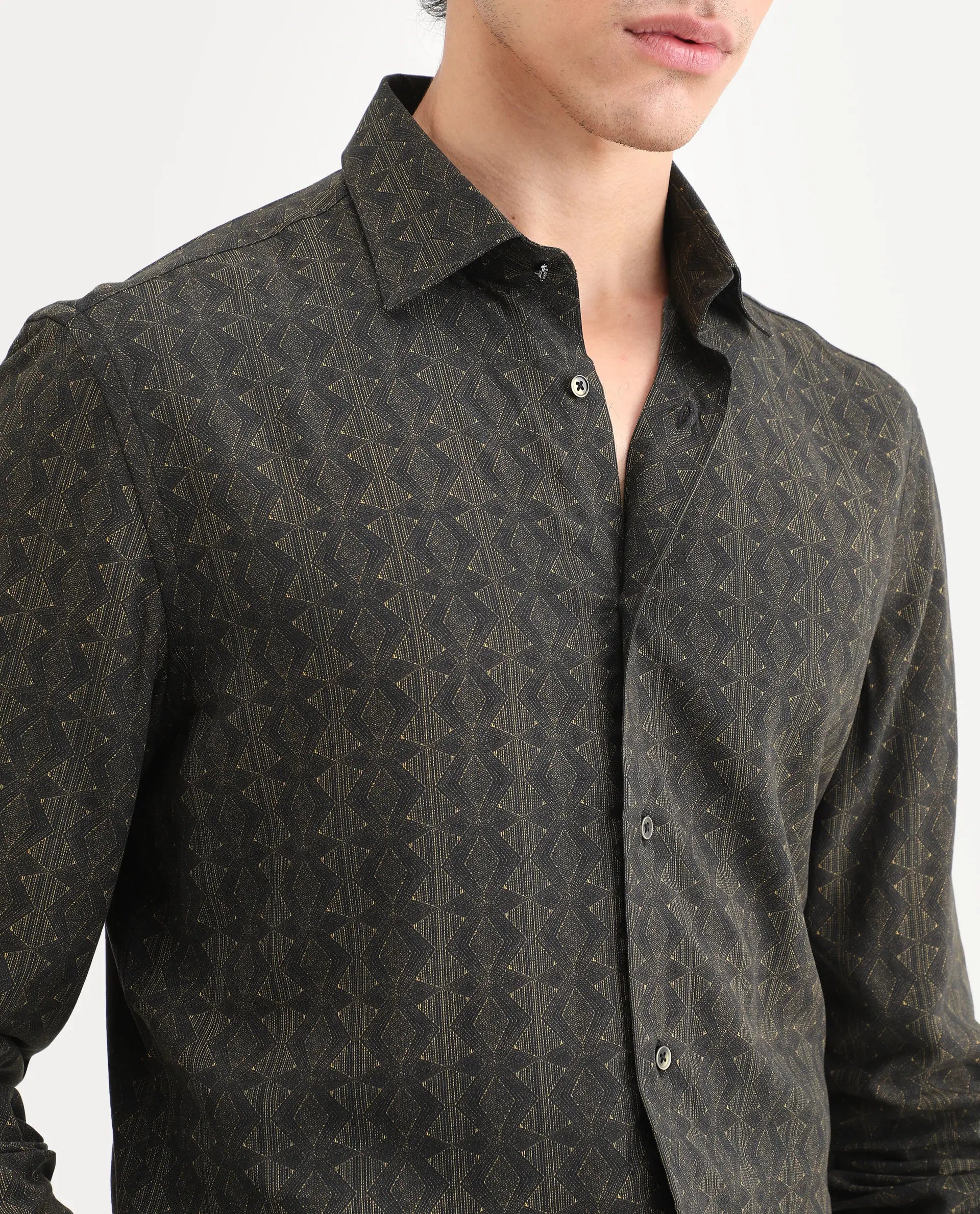 Rare Rabbit Men's Terk-L Black Viscose Fabric Full Sleeve Spread Collar Regular Fit Geometric Print Shirt