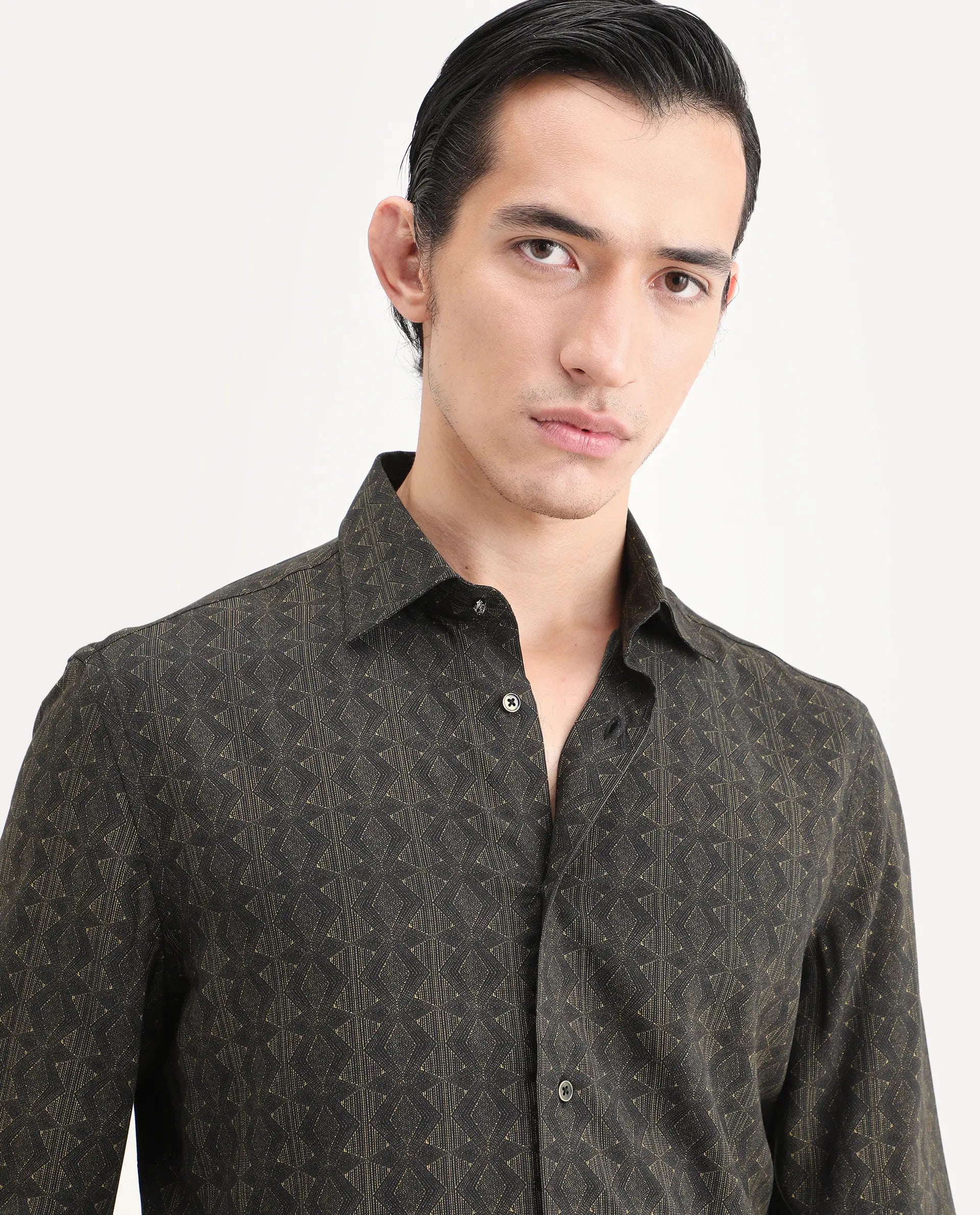 Rare Rabbit Men's Terk-L Black Viscose Fabric Full Sleeve Spread Collar Regular Fit Geometric Print Shirt