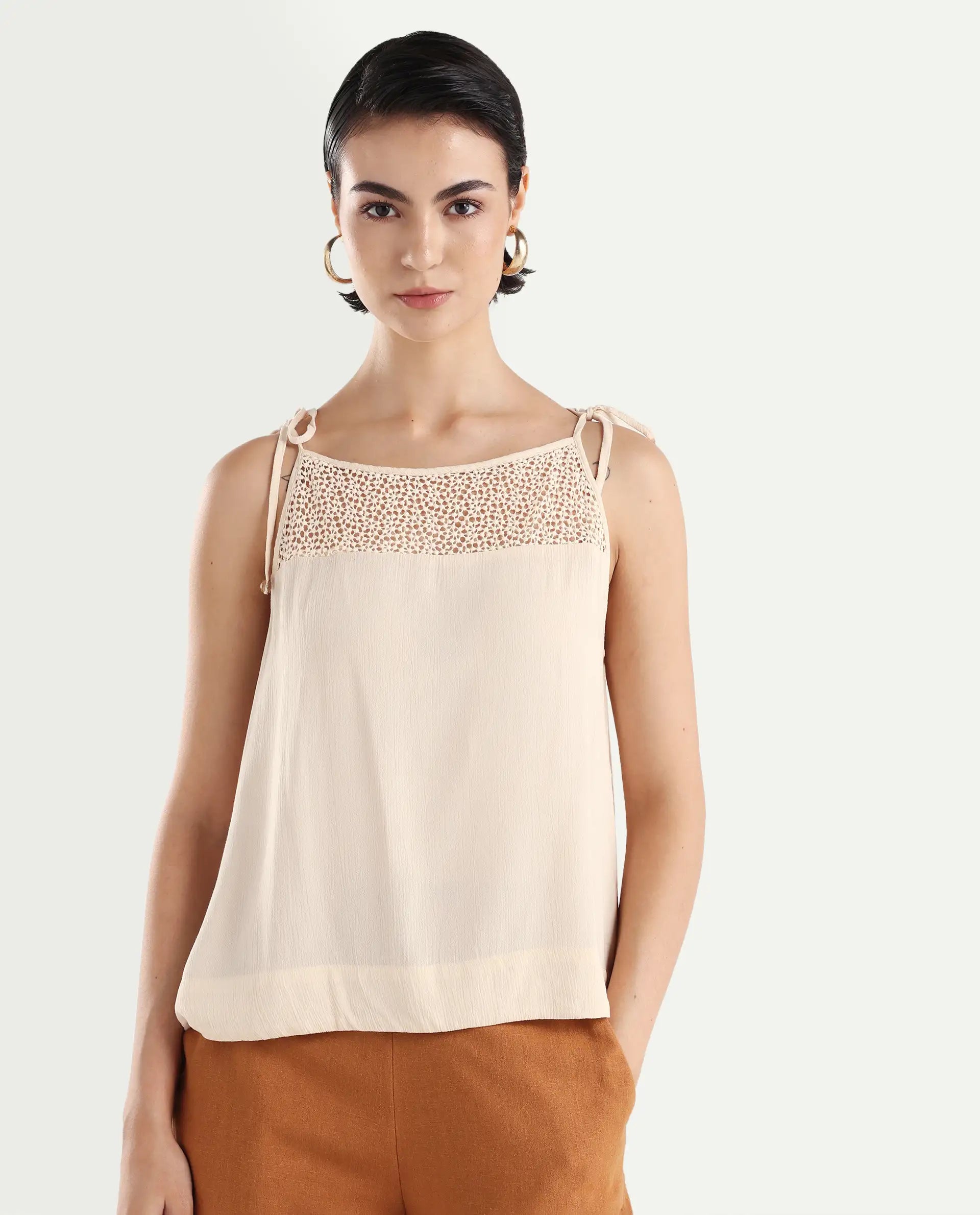 Rareism Women's Terni Off White Rayon Shoulder Strap Floral Print Extended Sleeves Regular Fit Top