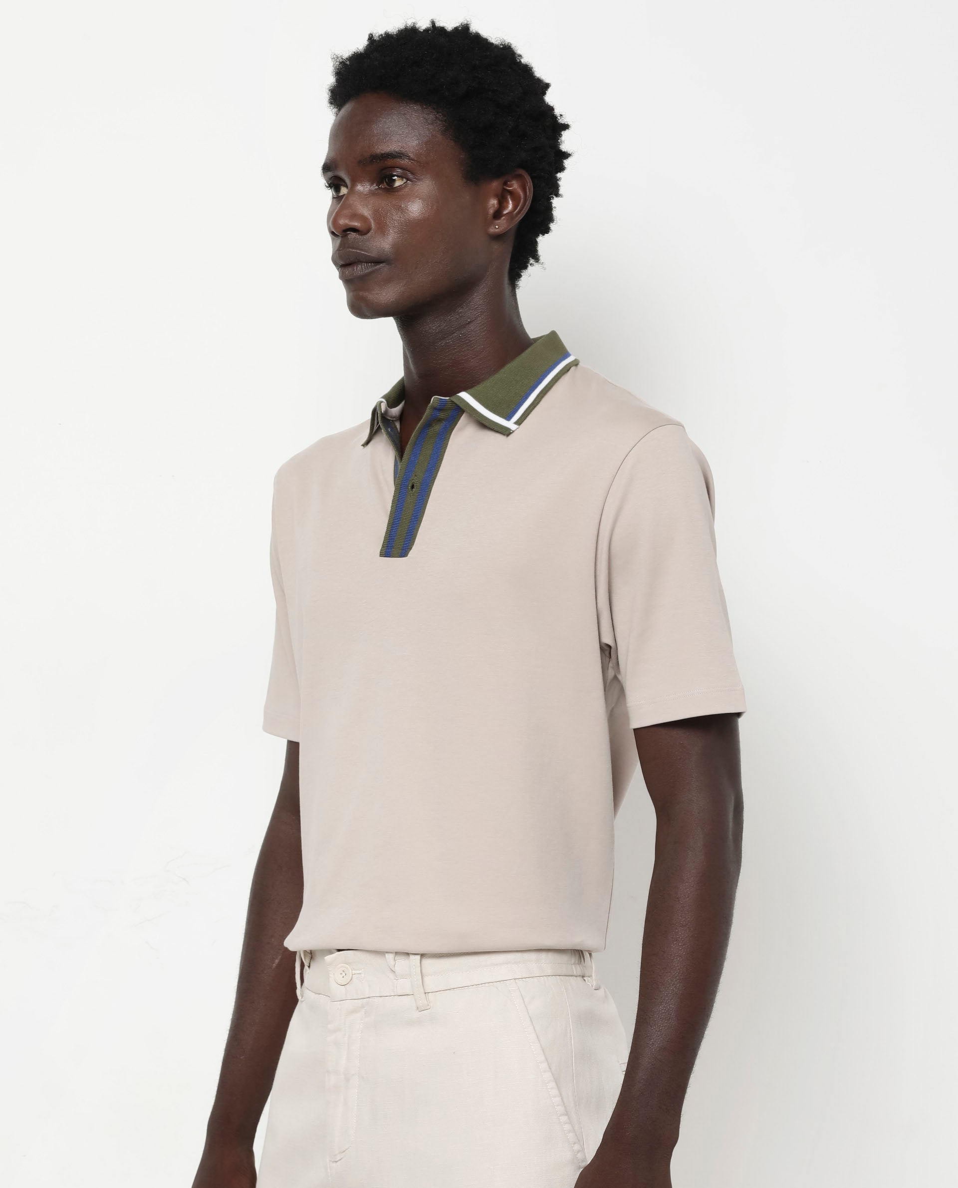 Rare Rabbit Men's Territ Beige Short Sleeve Collared Neck Regular Fit Plain Polo T-Shirt