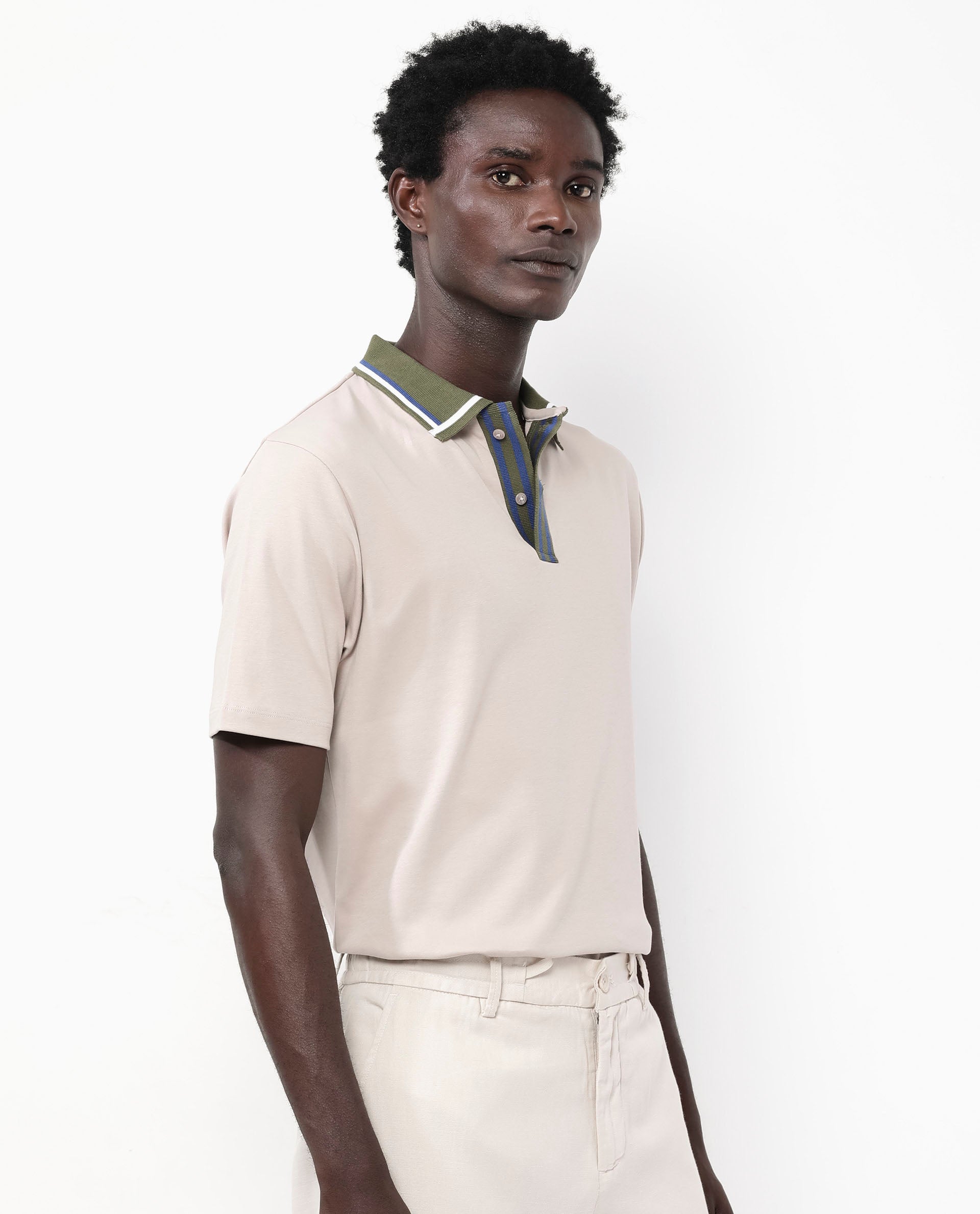 Rare Rabbit Men's Territ Beige Short Sleeve Collared Neck Regular Fit Plain Polo T-Shirt