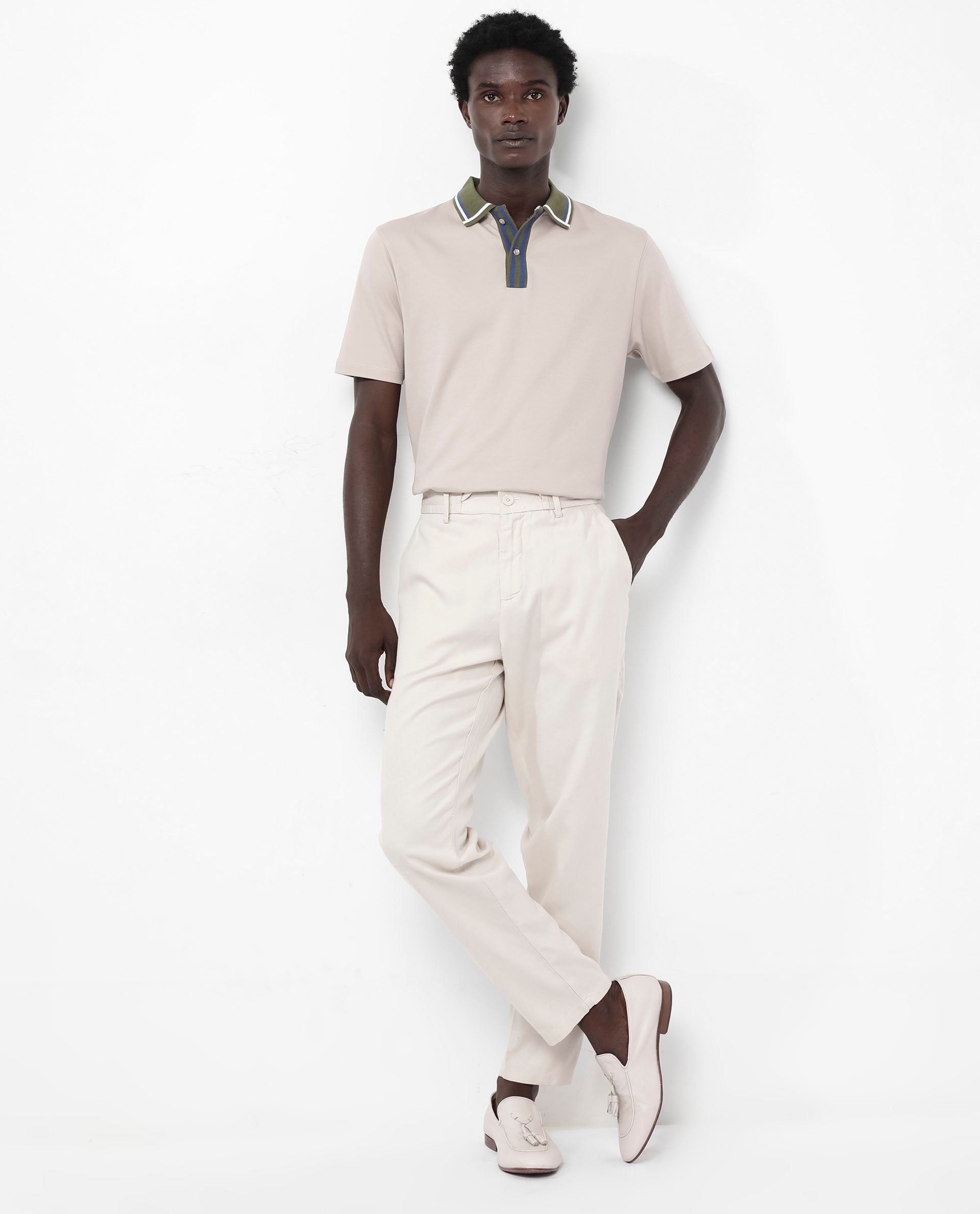 Rare Rabbit Men's Territ Beige Short Sleeve Collared Neck Regular Fit Plain Polo T-Shirt