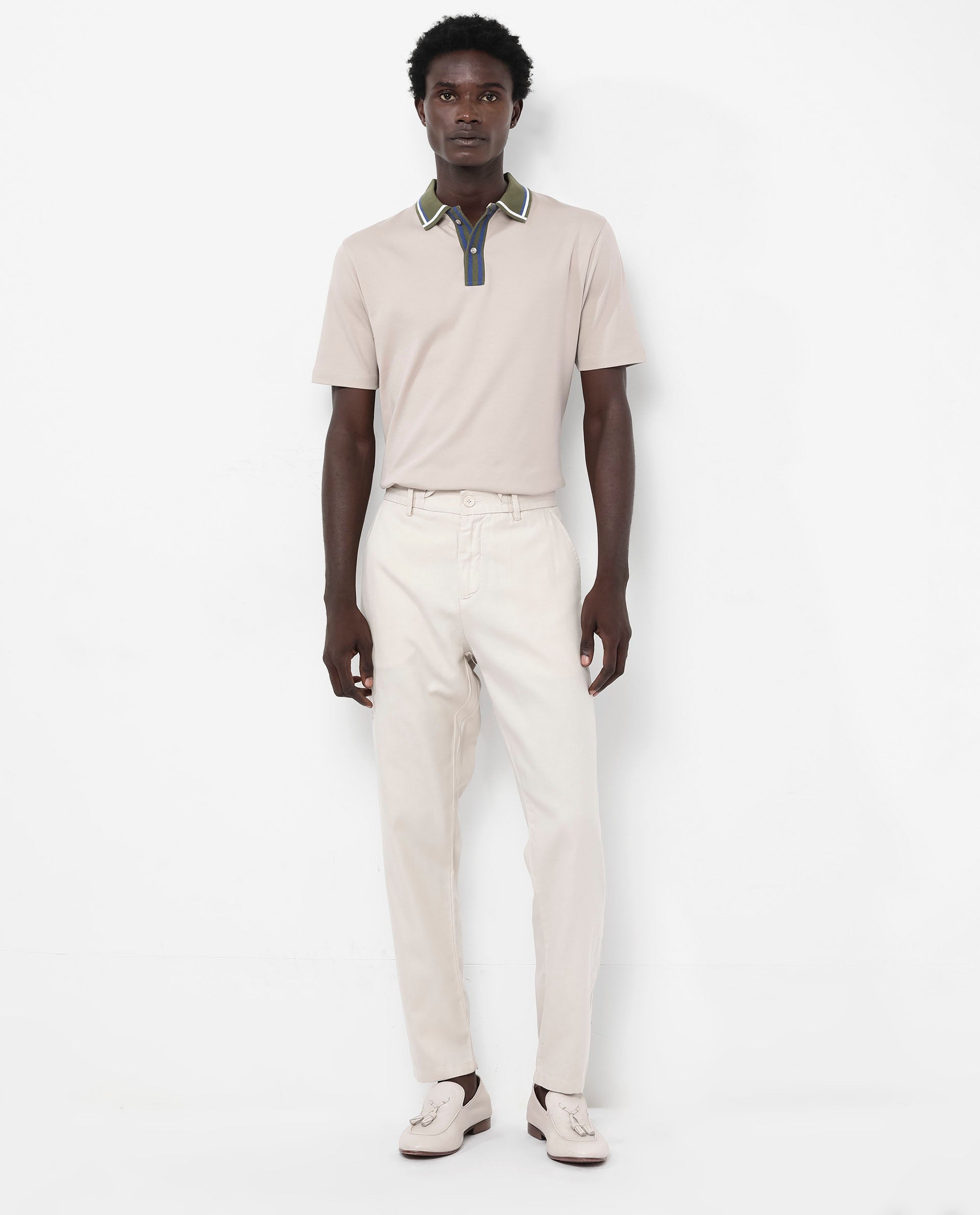 Rare Rabbit Men's Territ Beige Short Sleeve Collared Neck Regular Fit Plain Polo T-Shirt