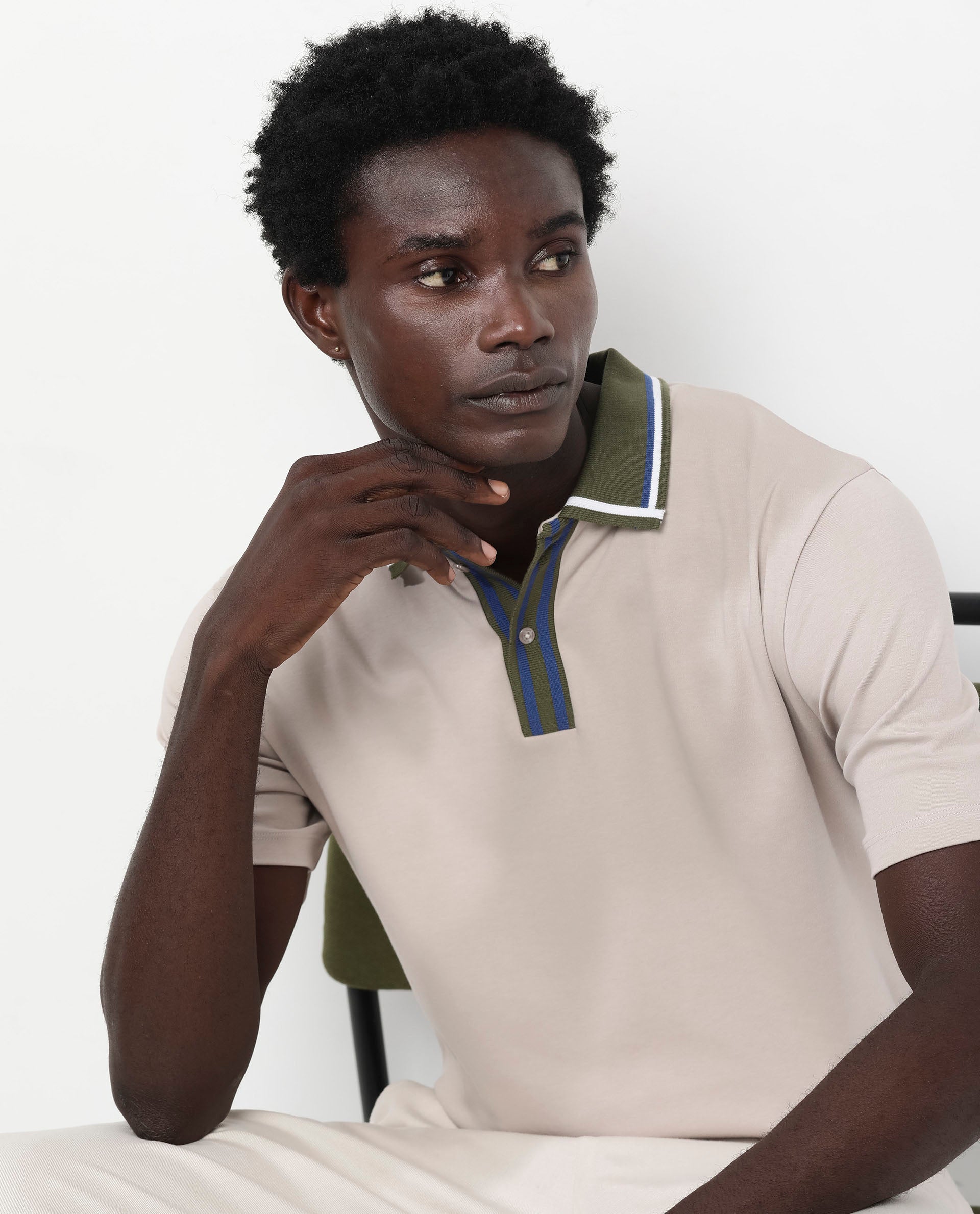 Rare Rabbit Men's Territ Beige Short Sleeve Collared Neck Regular Fit Plain Polo T-Shirt