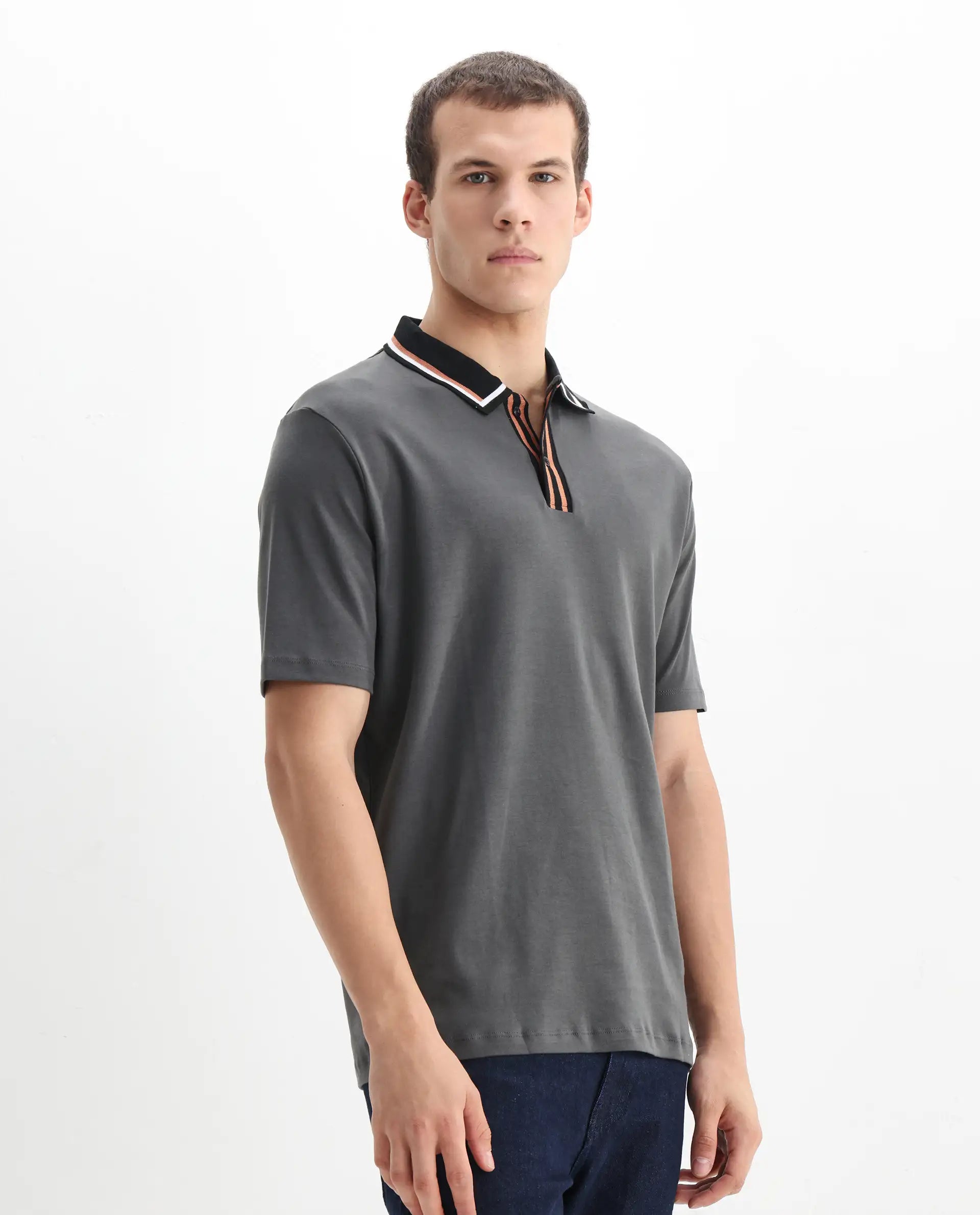 Rare Rabbit Men's Territ Dark Grey Cotton Plain Regular Fit Half Sleeve Polo