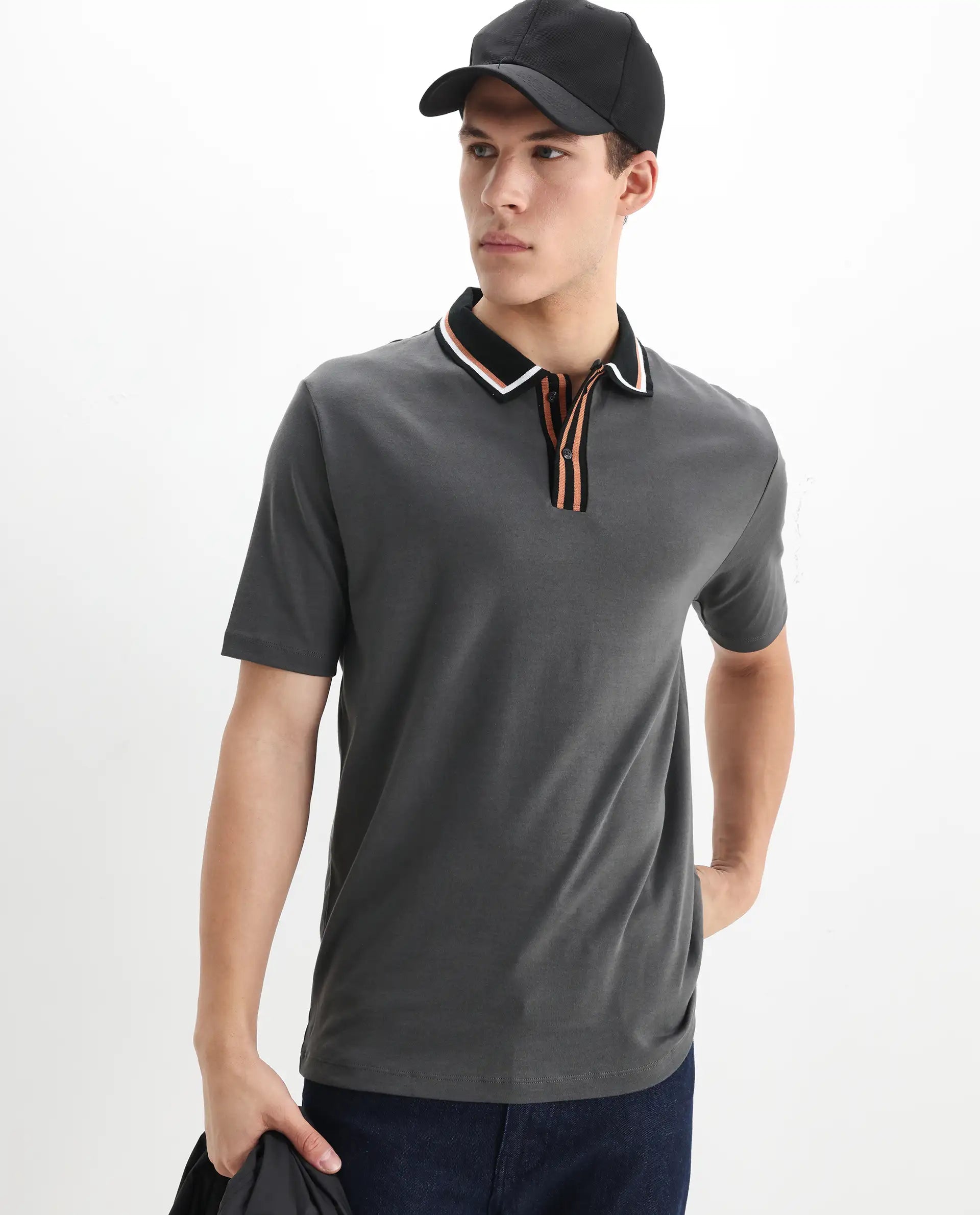 Rare Rabbit Men's Territ Dark Grey Cotton Plain Regular Fit Half Sleeve Polo