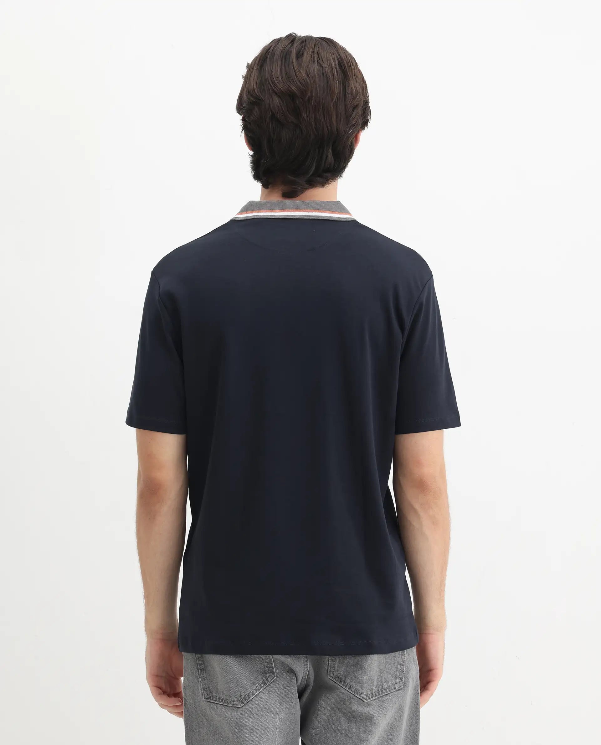 Rare Rabbit Men's Territ Dark Navy Cotton Plain Regular Fit Half Sleeve Polo