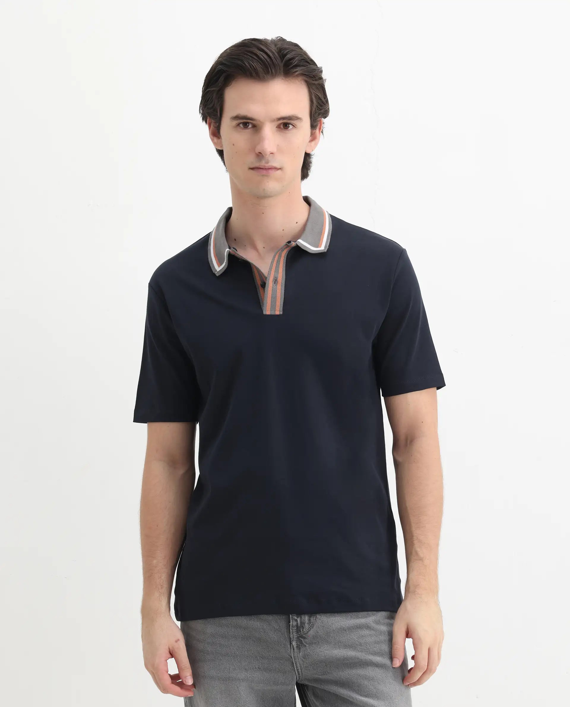 Rare Rabbit Men's Territ Dark Navy Cotton Plain Regular Fit Half Sleeve Polo