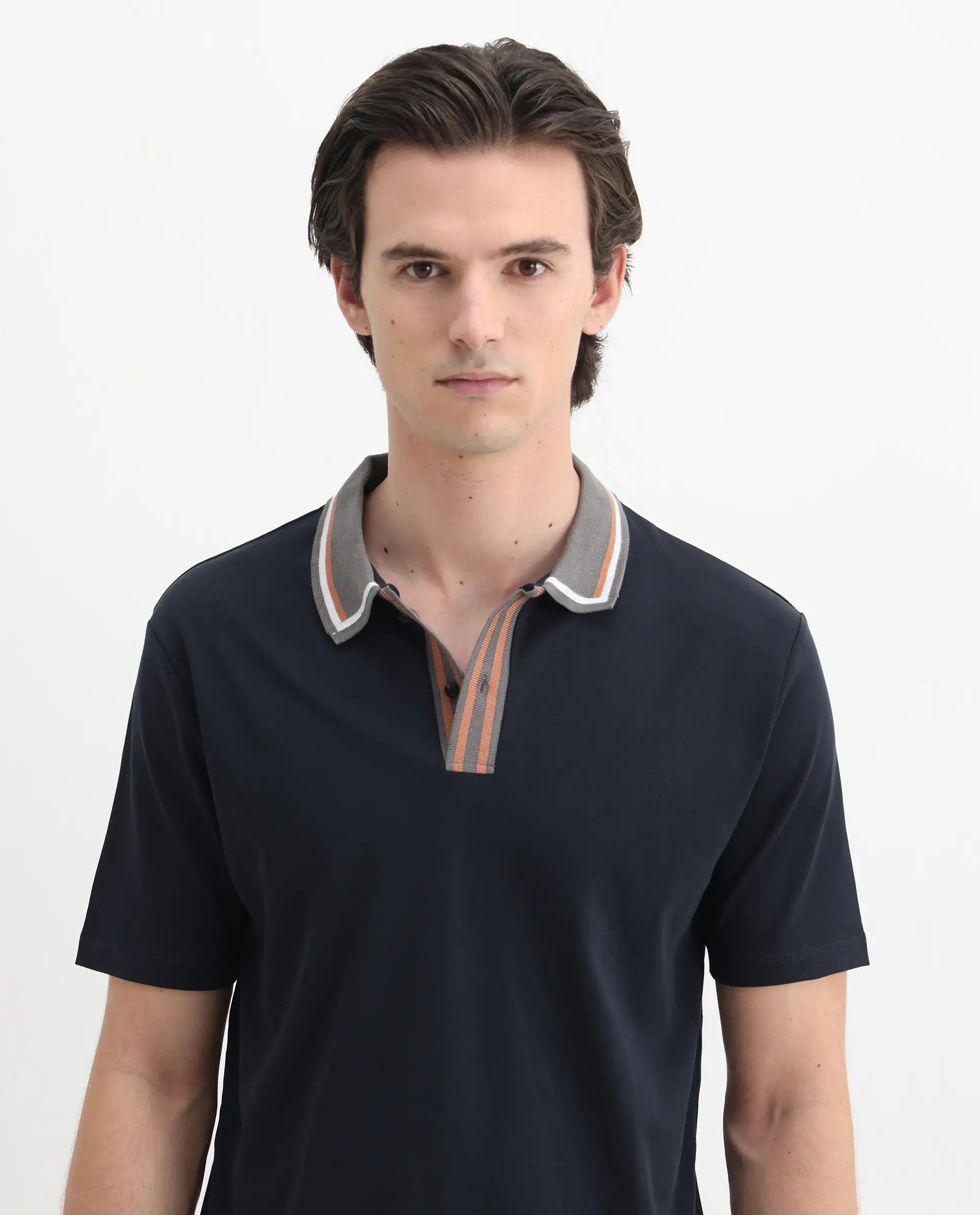Rare Rabbit Men's Territ Dark Navy Cotton Plain Regular Fit Half Sleeve Polo