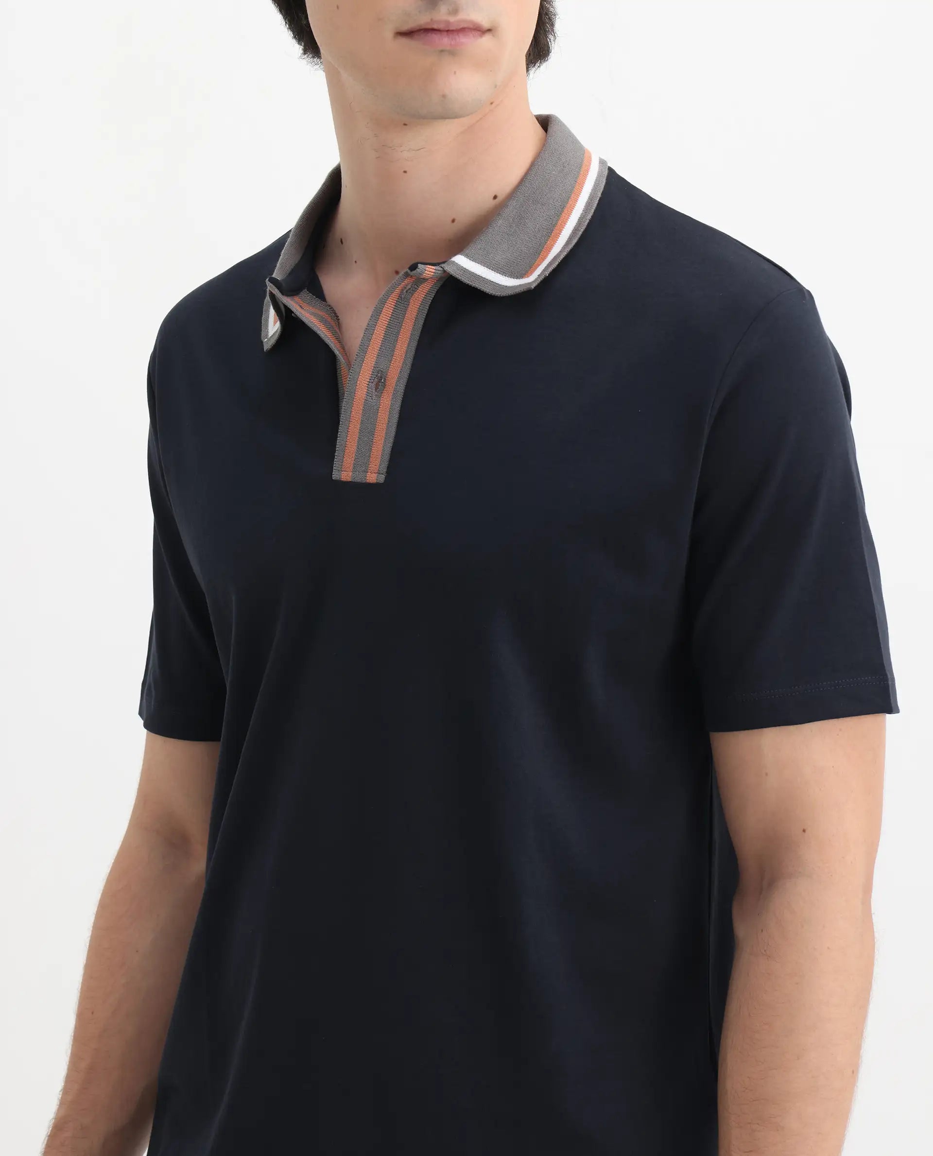 Rare Rabbit Men's Territ Dark Navy Cotton Plain Regular Fit Half Sleeve Polo