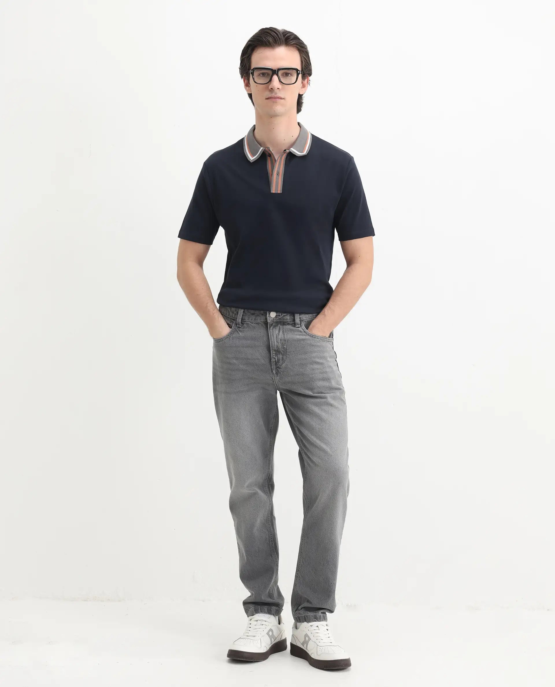 Rare Rabbit Men's Territ Dark Navy Cotton Plain Regular Fit Half Sleeve Polo