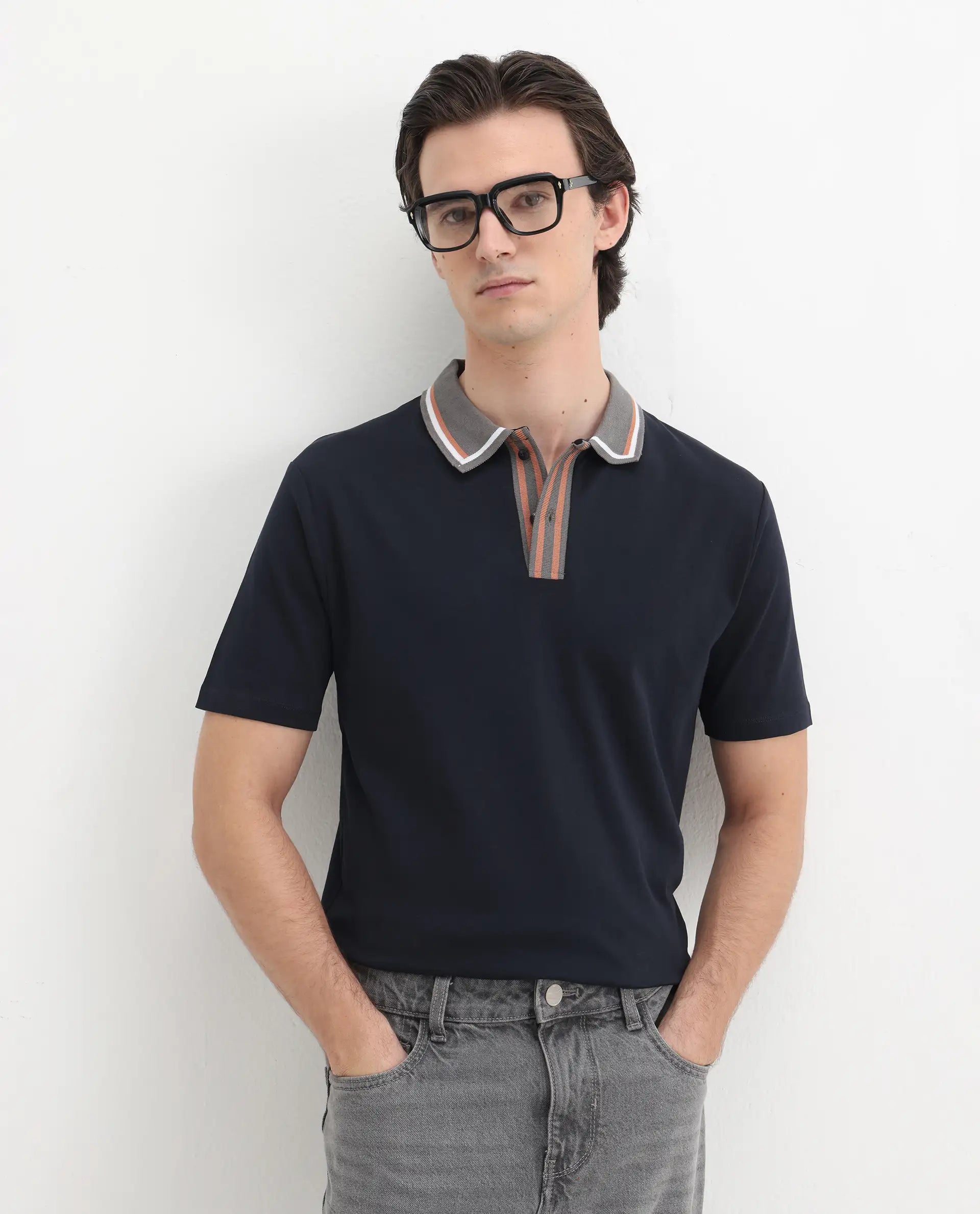 Rare Rabbit Men's Territ Dark Navy Cotton Plain Regular Fit Half Sleeve Polo