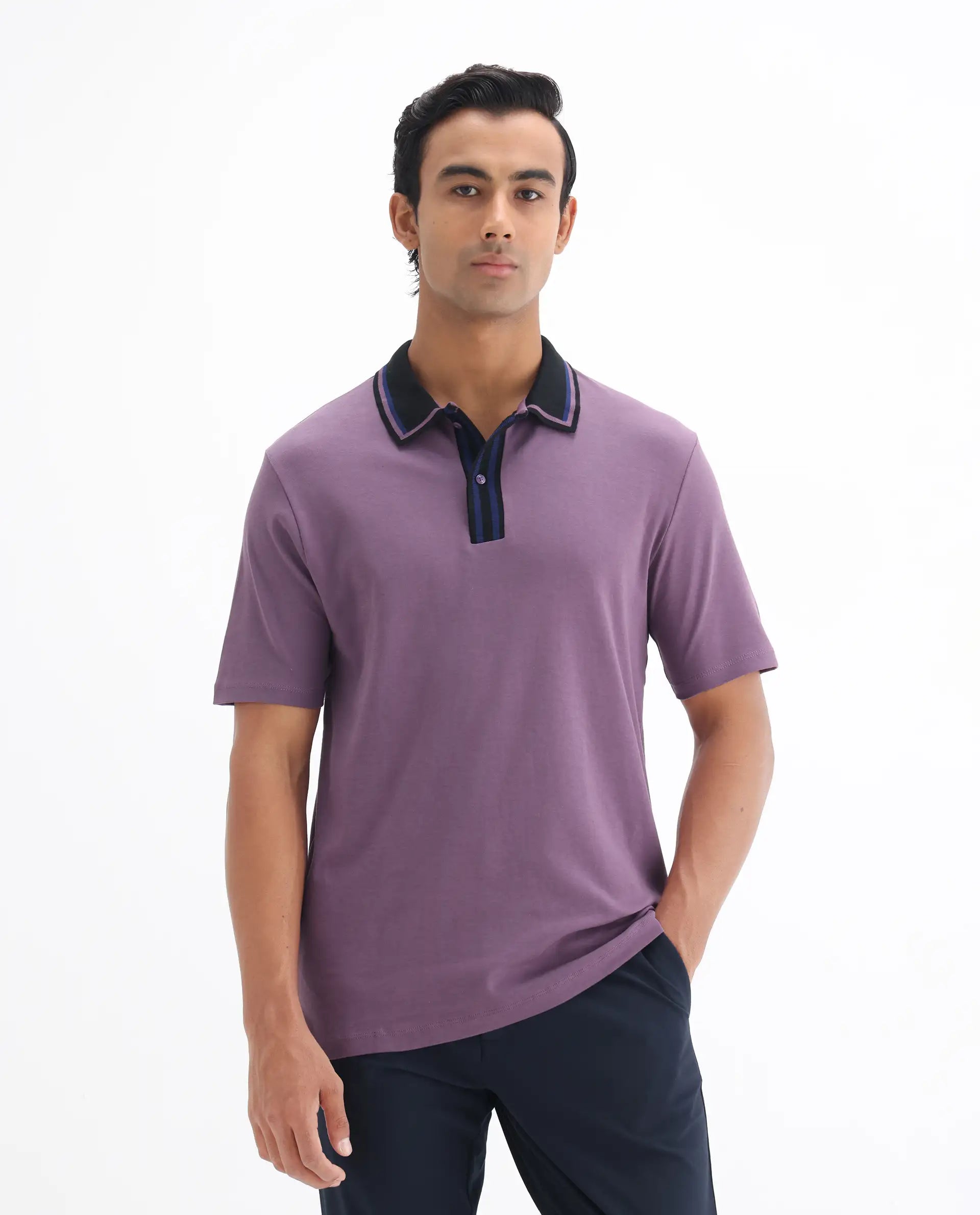 Rare Rabbit Men's Territ Dusky Purple Cotton Plain Regular Fit Half Sleeve Polo