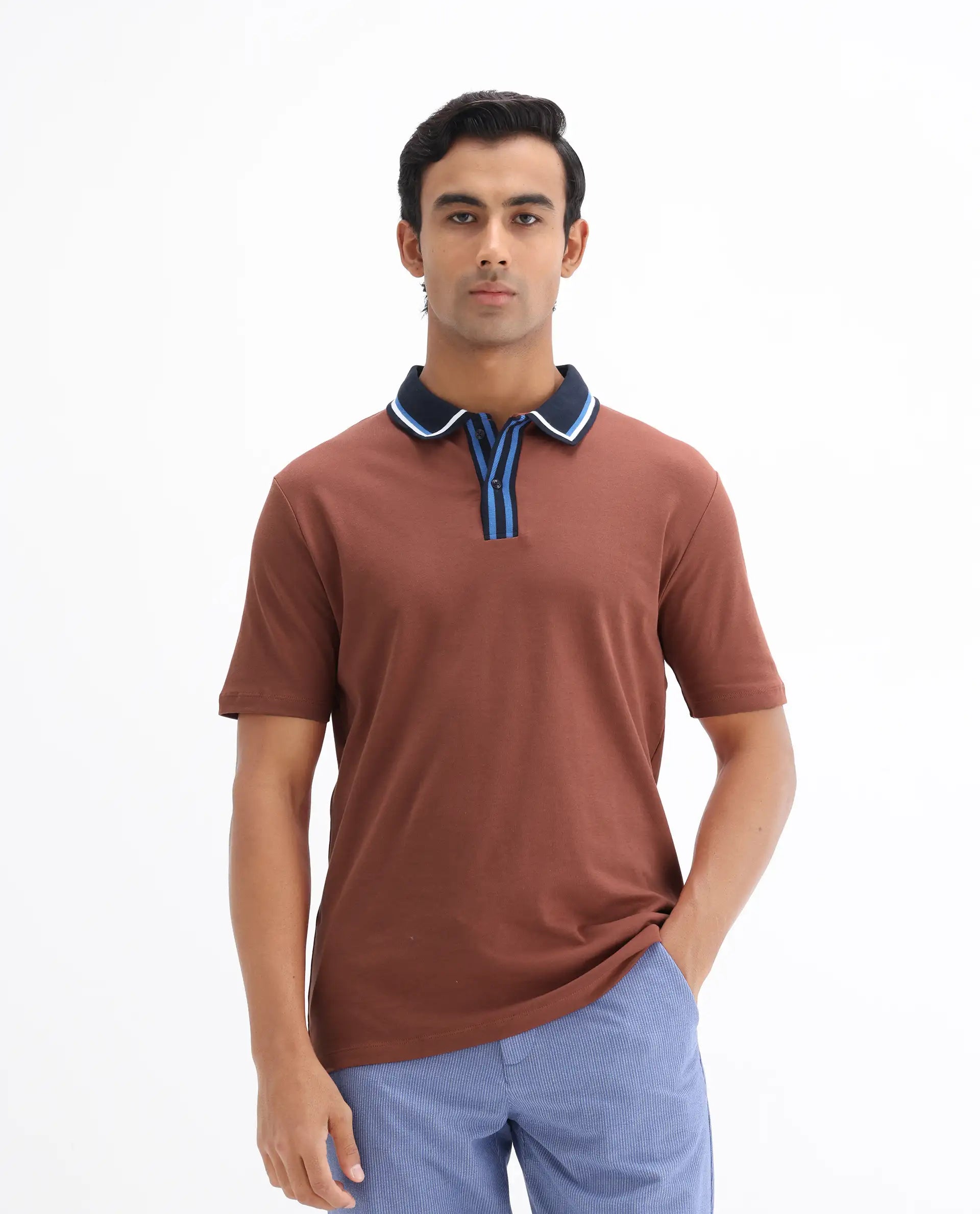 Rare Rabbit Men's Territ Light Rust Cotton Plain Regular Fit Half Sleeve Polo