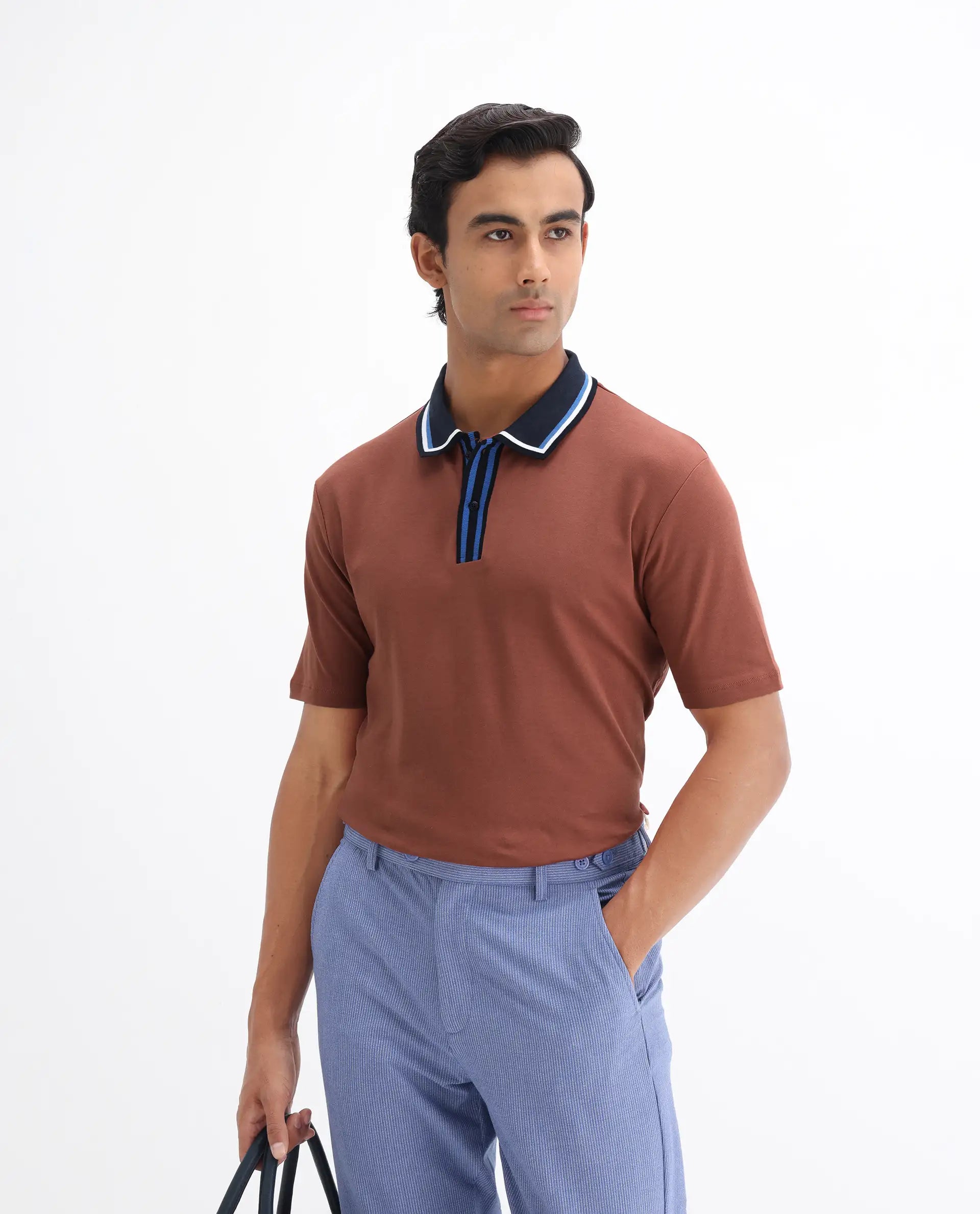 Rare Rabbit Men's Territ Light Rust Cotton Plain Regular Fit Half Sleeve Polo