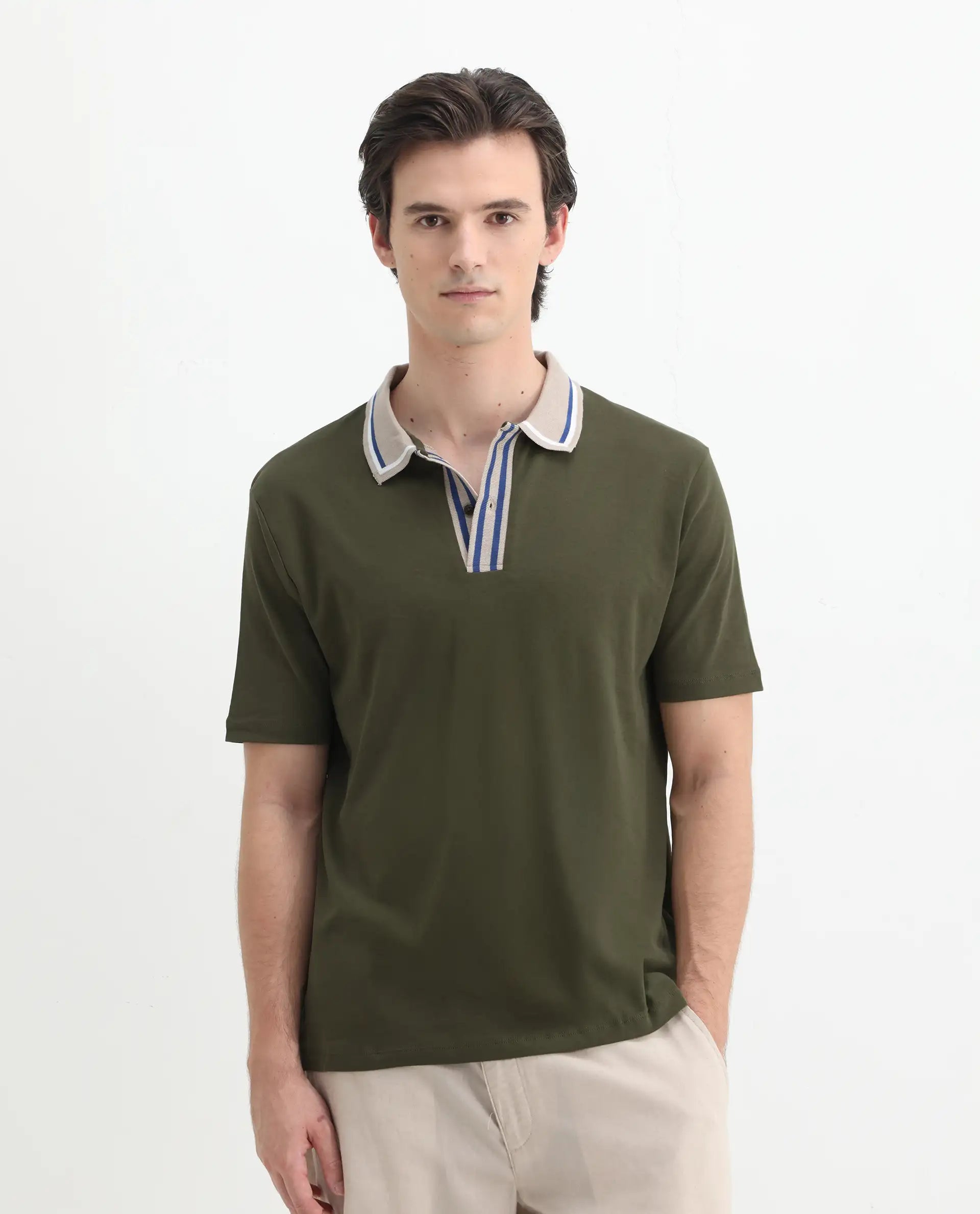 Rare Rabbit Men's Territ Olive Cotton Plain Regular Fit Half Sleeve Polo