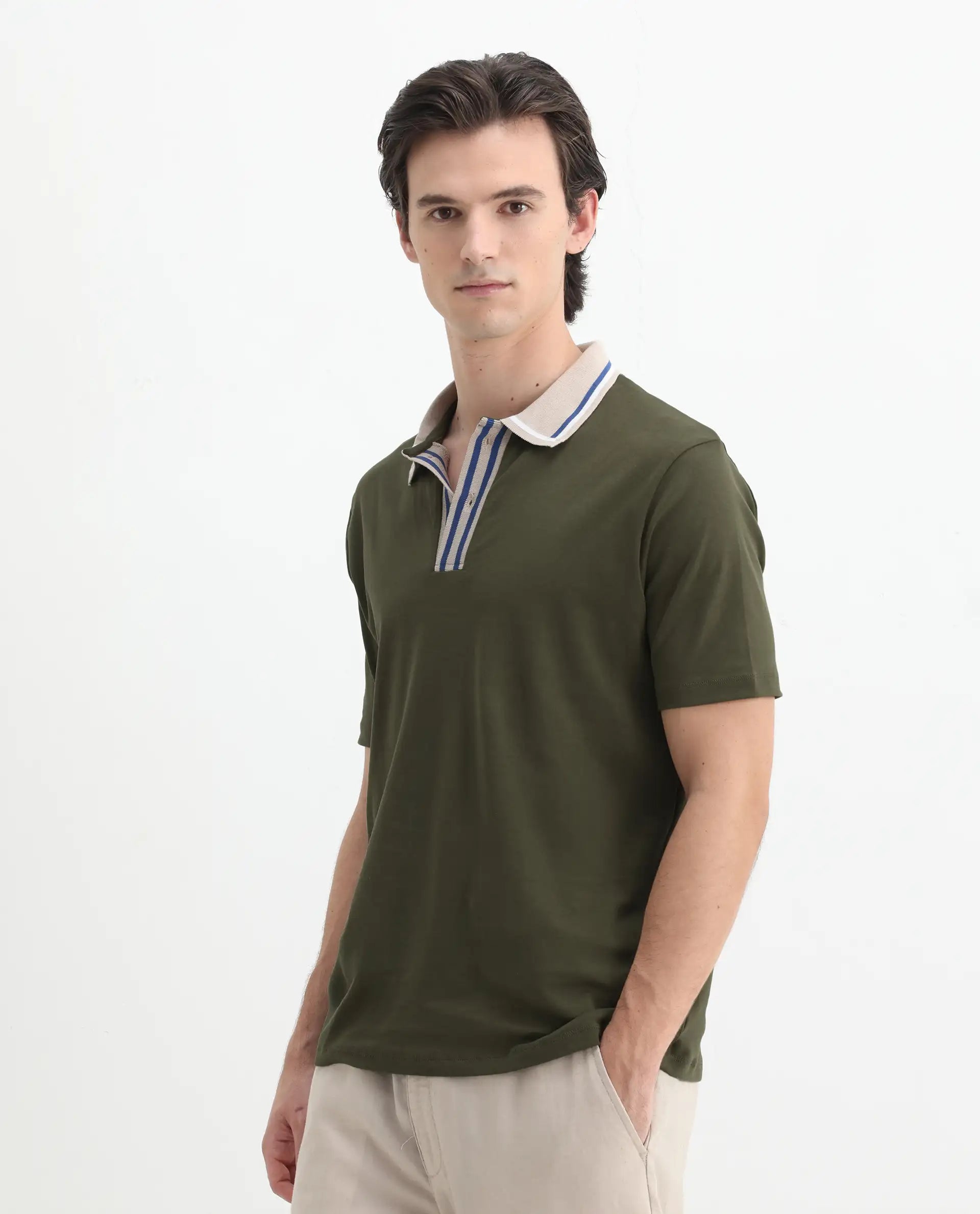 Rare Rabbit Men's Territ Olive Cotton Plain Regular Fit Half Sleeve Polo