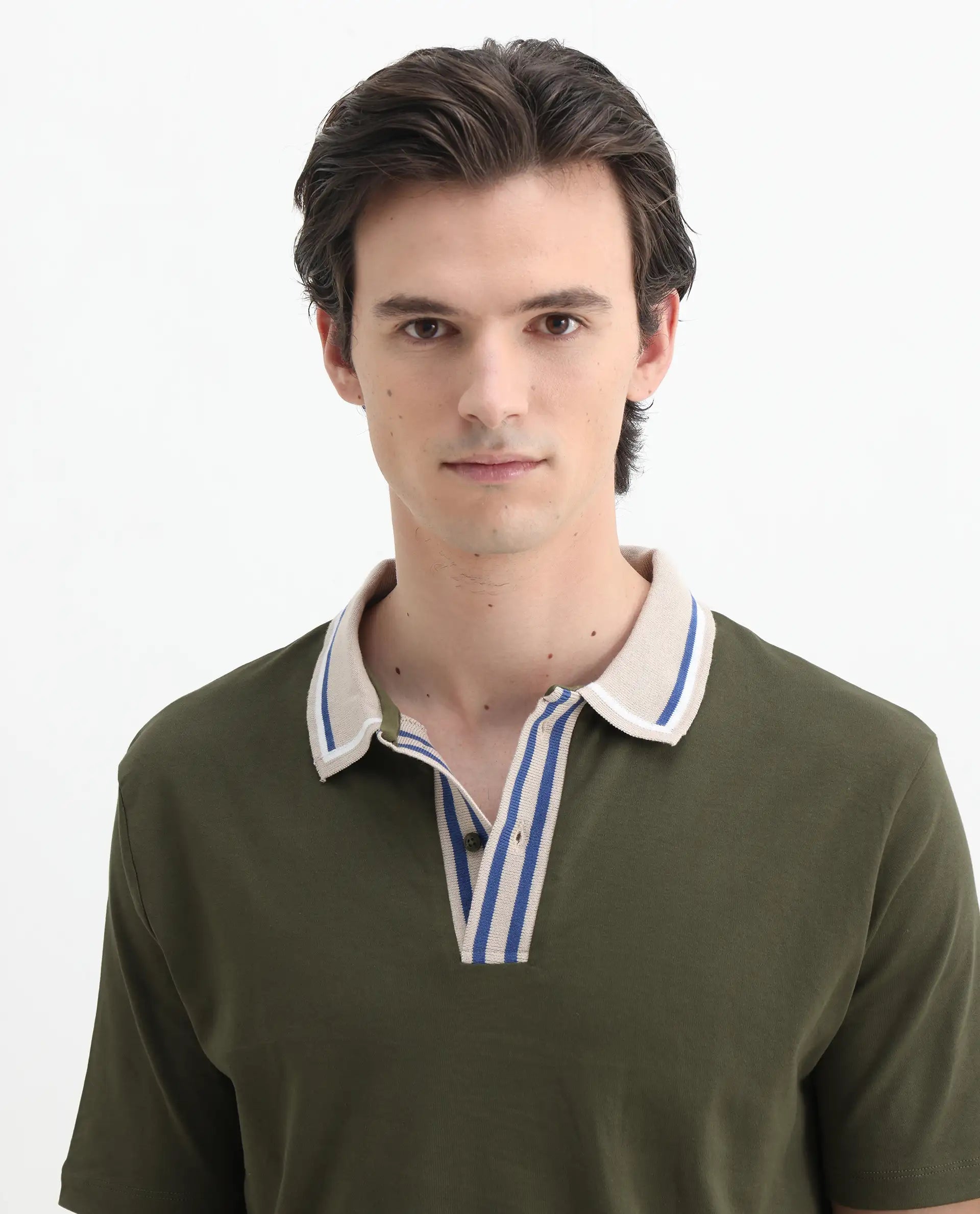 Rare Rabbit Men's Territ Olive Cotton Plain Regular Fit Half Sleeve Polo