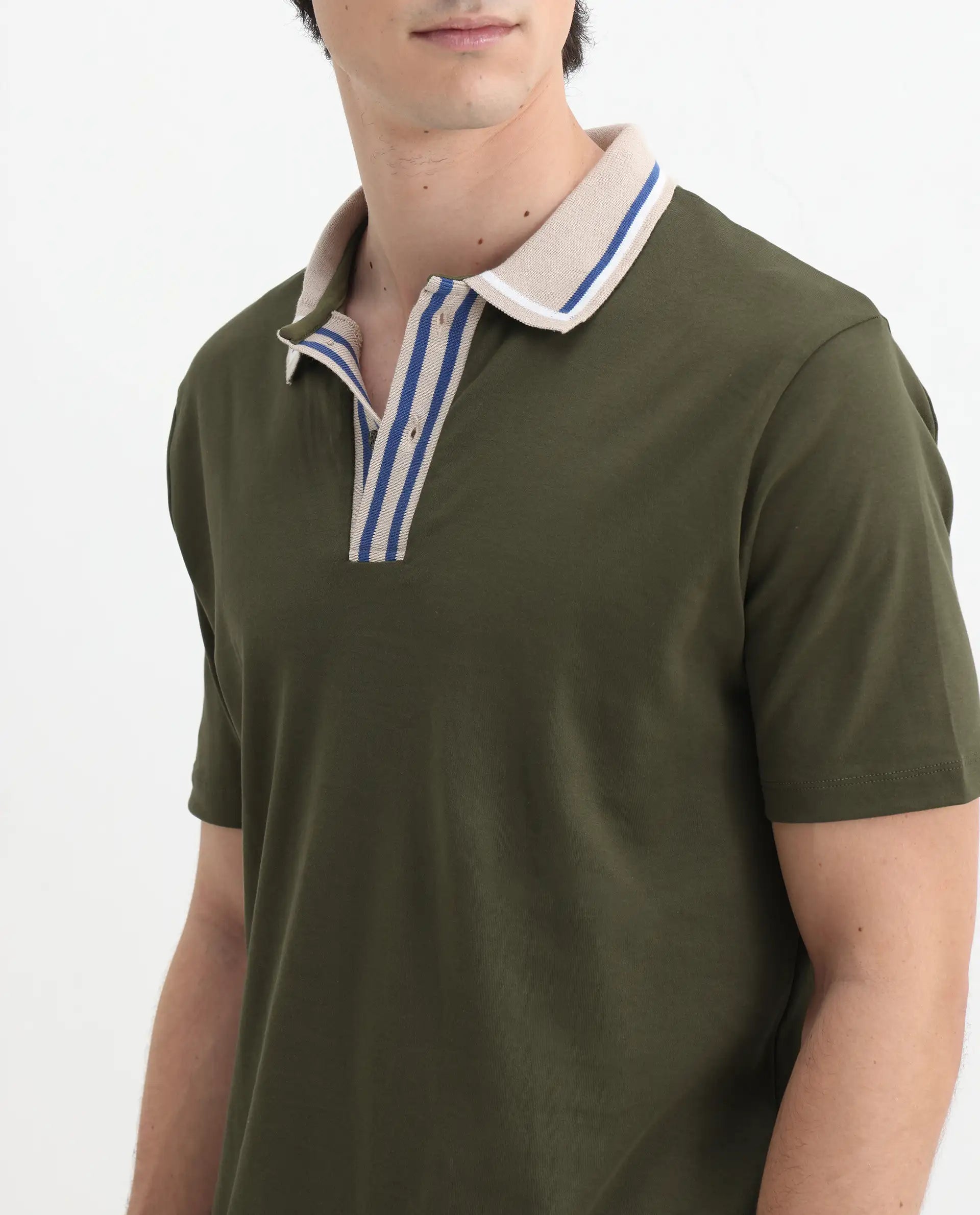 Rare Rabbit Men's Territ Olive Cotton Plain Regular Fit Half Sleeve Polo
