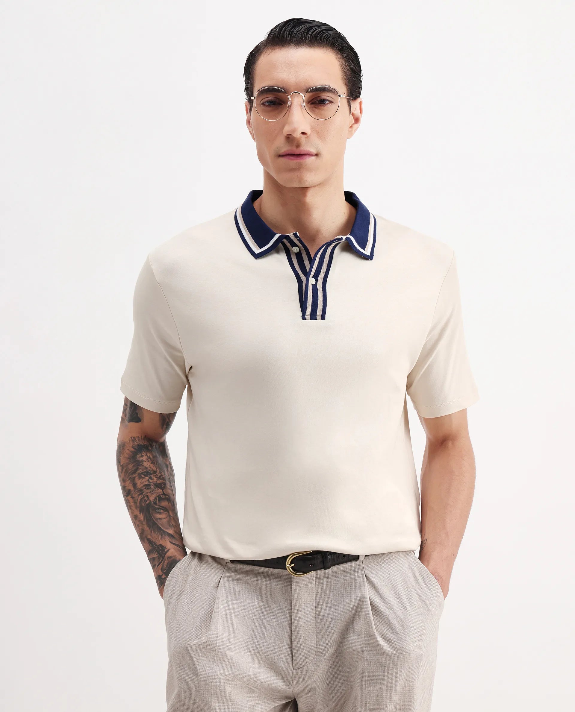 Rare Rabbit Men's Territ Pastel Yellow Cotton Plain Regular Fit Half Sleeve Polo