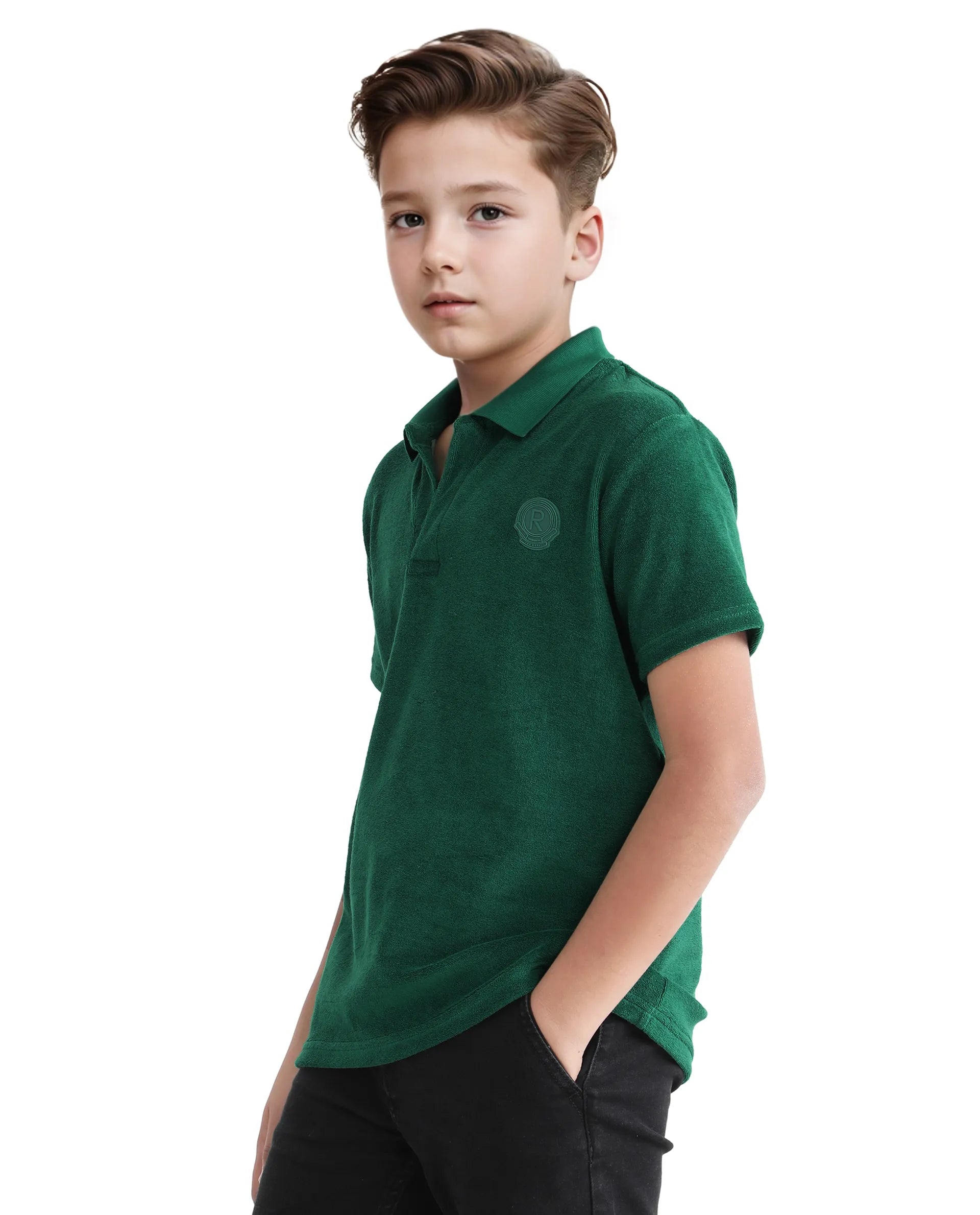 Rare Ones Kids Terry Green Cotton Poly Short Sleeve Applique Polo