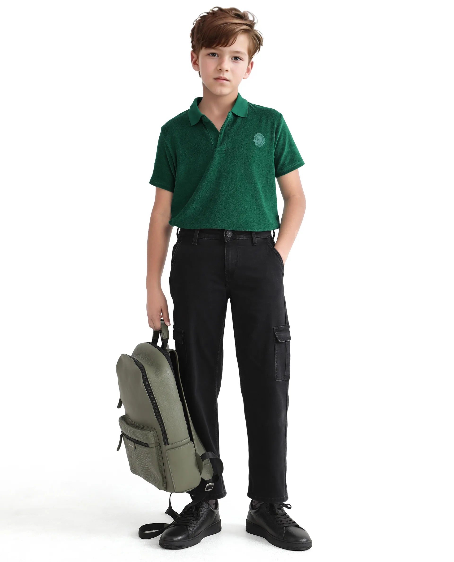 Rare Ones Kids Terry Green Cotton Poly Short Sleeve Applique Polo