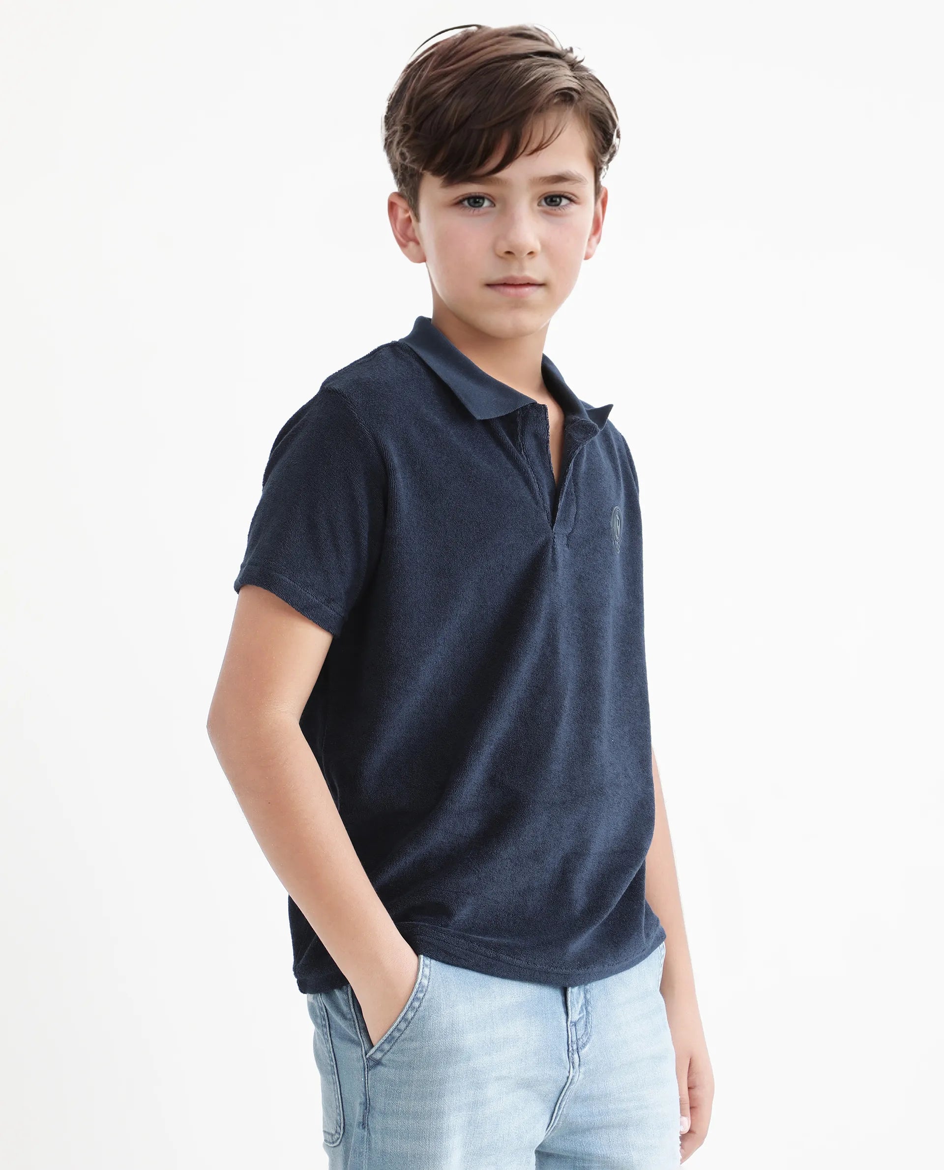 Rare Ones Kids Terry Navy Cotton Poly Short Sleeve Polo Neck Applique Polo