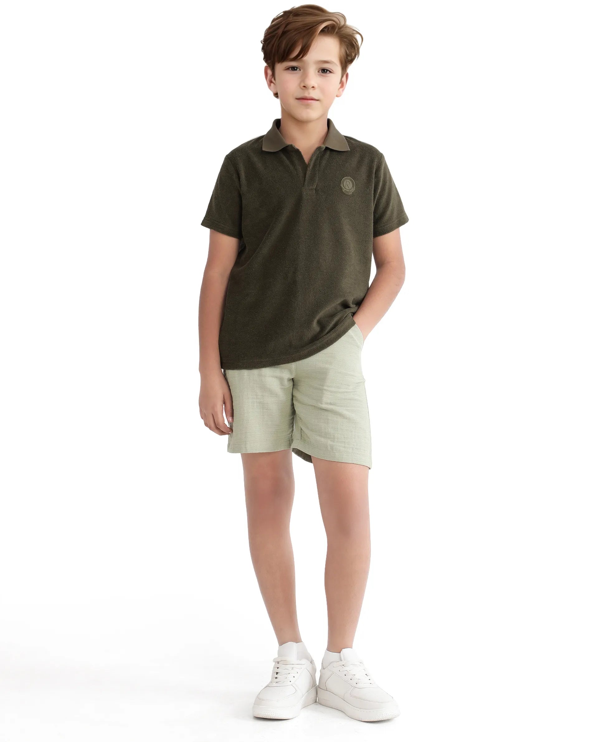 Rare Ones Kids Terry Olive Cotton Poly Short Sleeve Polo Neck Applique Polo