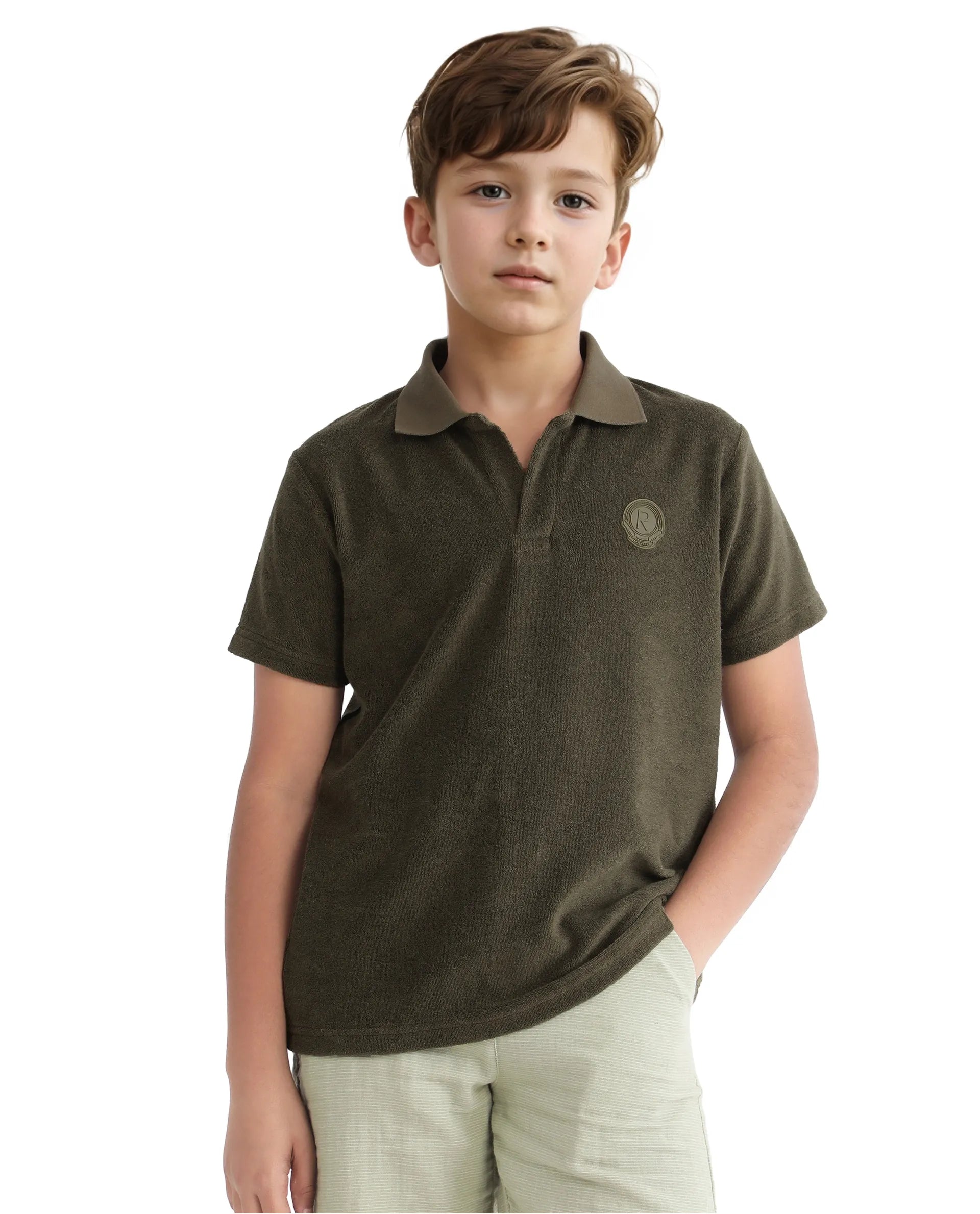 Rare Ones Kids Terry Olive Cotton Poly Short Sleeve Polo Neck Applique Polo