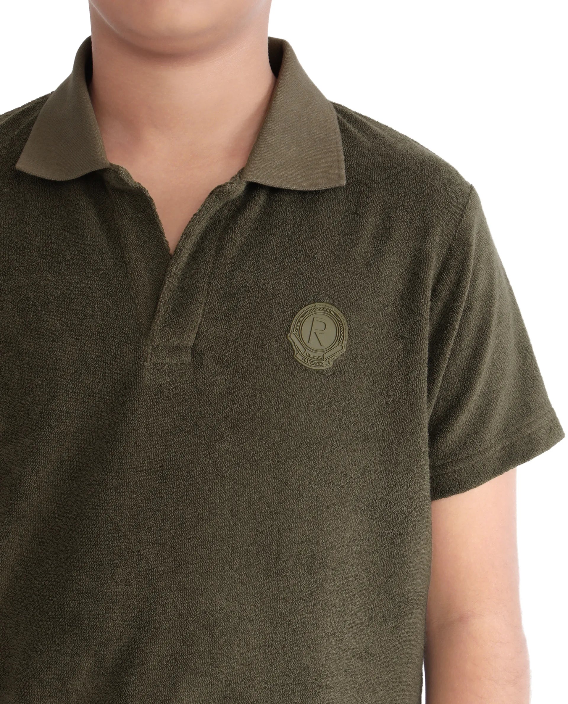 Rare Ones Kids Terry Olive Cotton Poly Short Sleeve Polo Neck Applique Polo