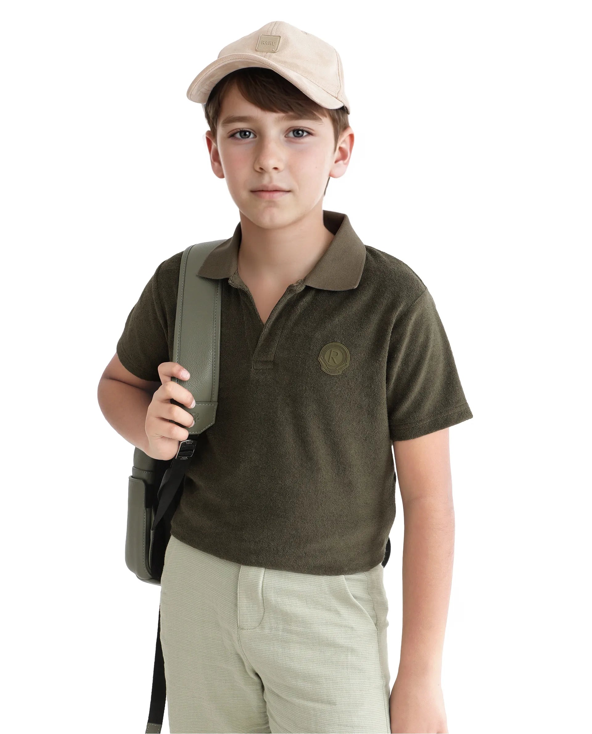 Rare Ones Kids Terry Olive Cotton Poly Short Sleeve Polo Neck Applique Polo