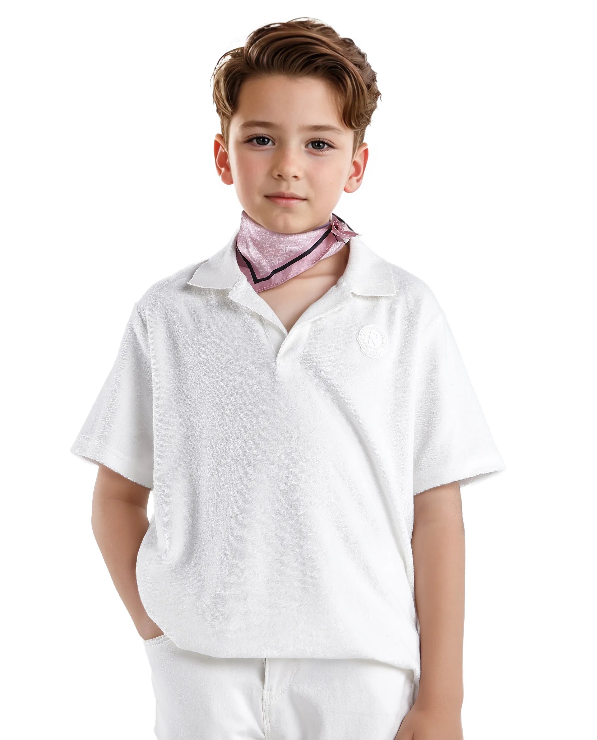 Rare Ones Kids Terry White Cotton Poly Short Sleeve Applique Polo