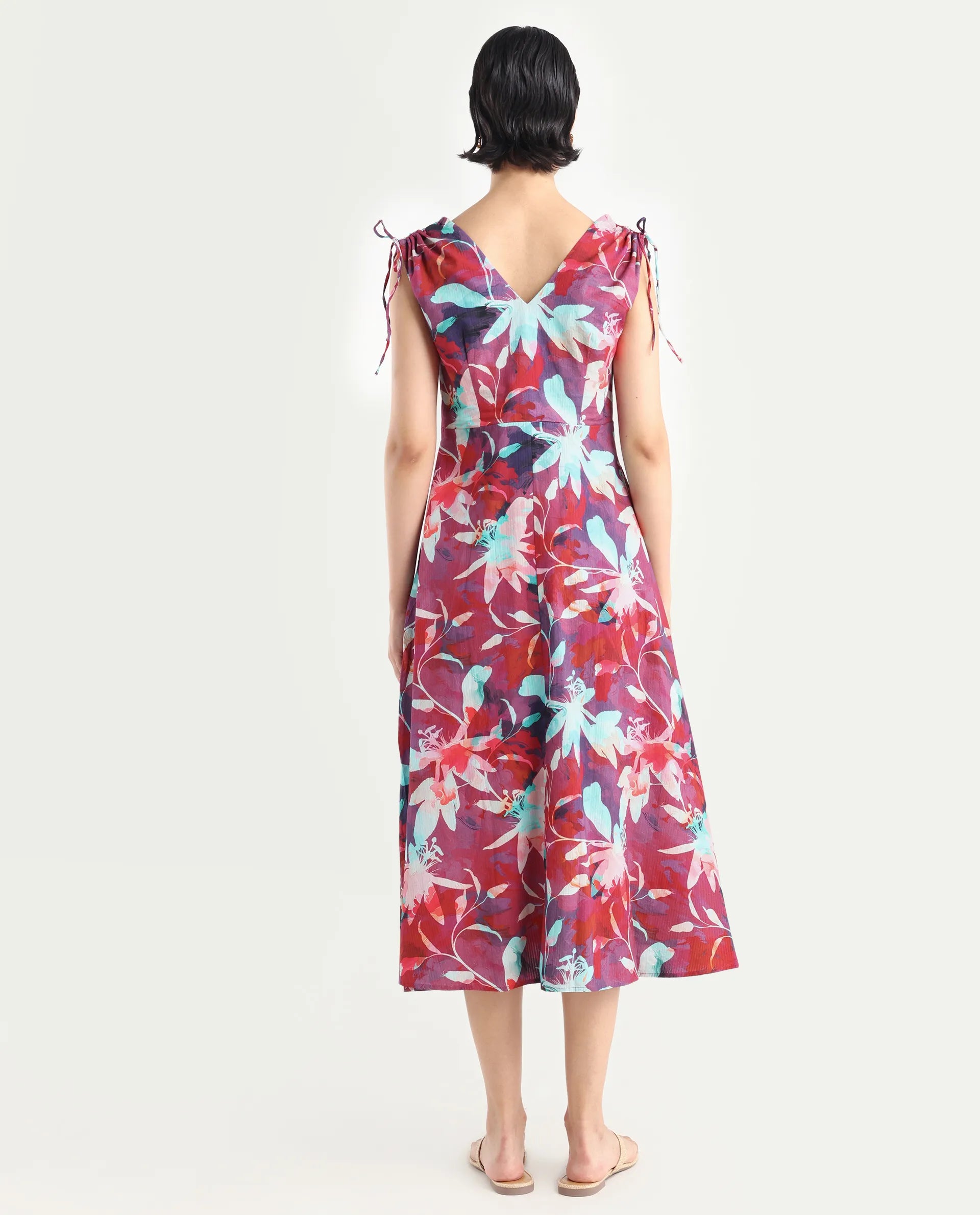 Rareism Women's Terumi Dark Multi Cotton Blend V-Neck Floral Print Sleeveless Midi Regular Fit Dress