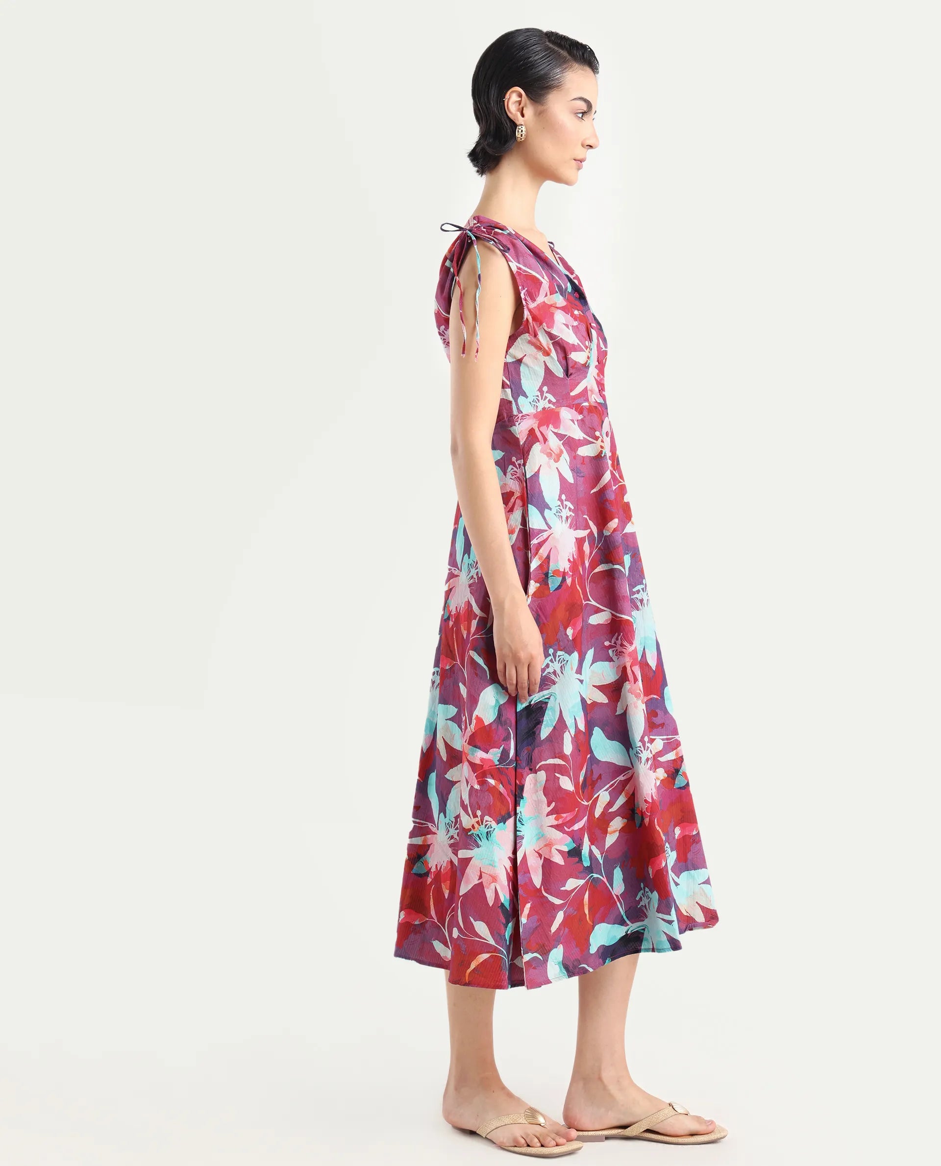 Rareism Women's Terumi Dark Multi Cotton Blend V-Neck Floral Print Sleeveless Midi Regular Fit Dress