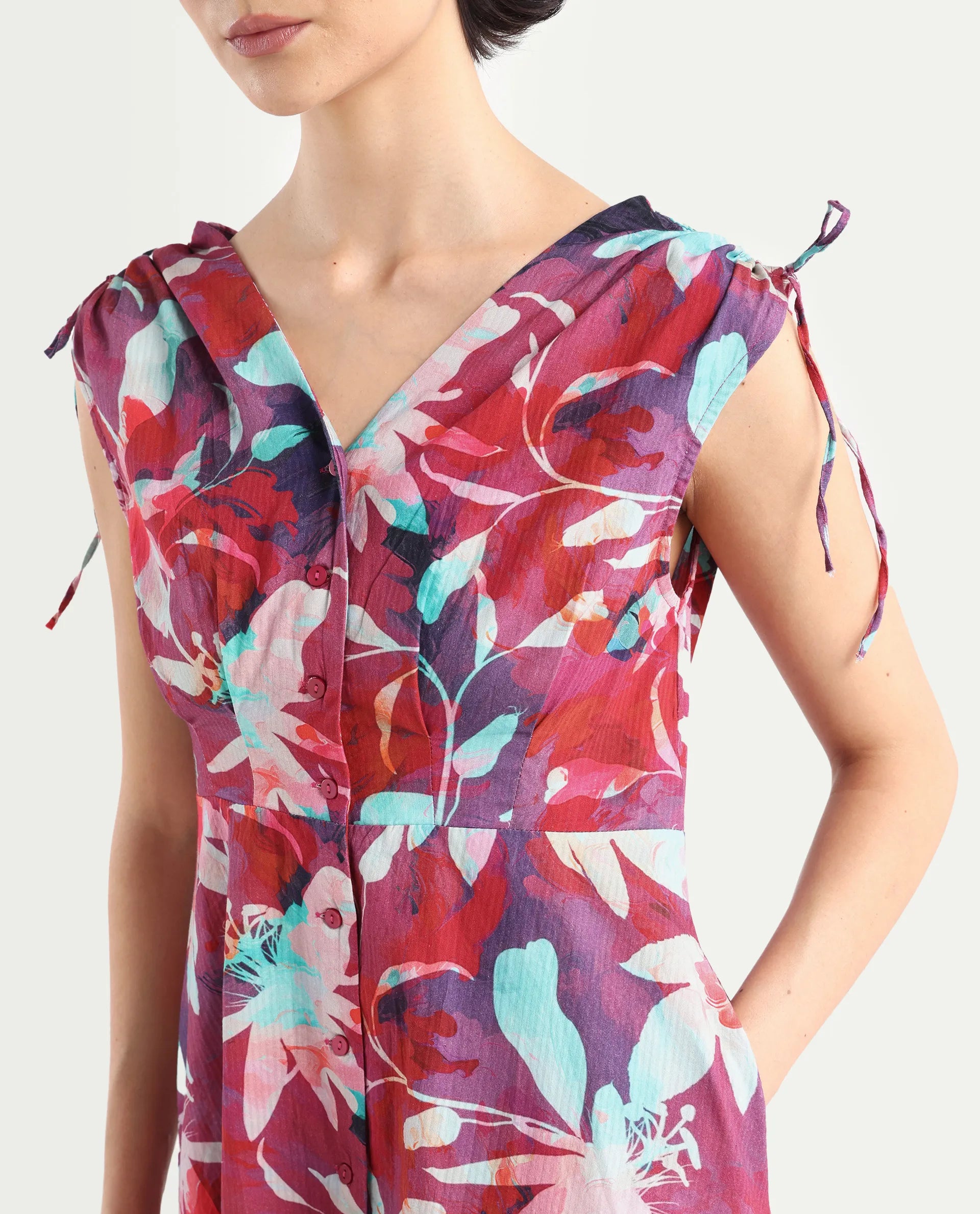Rareism Women's Terumi Dark Multi Cotton Blend V-Neck Floral Print Sleeveless Midi Regular Fit Dress