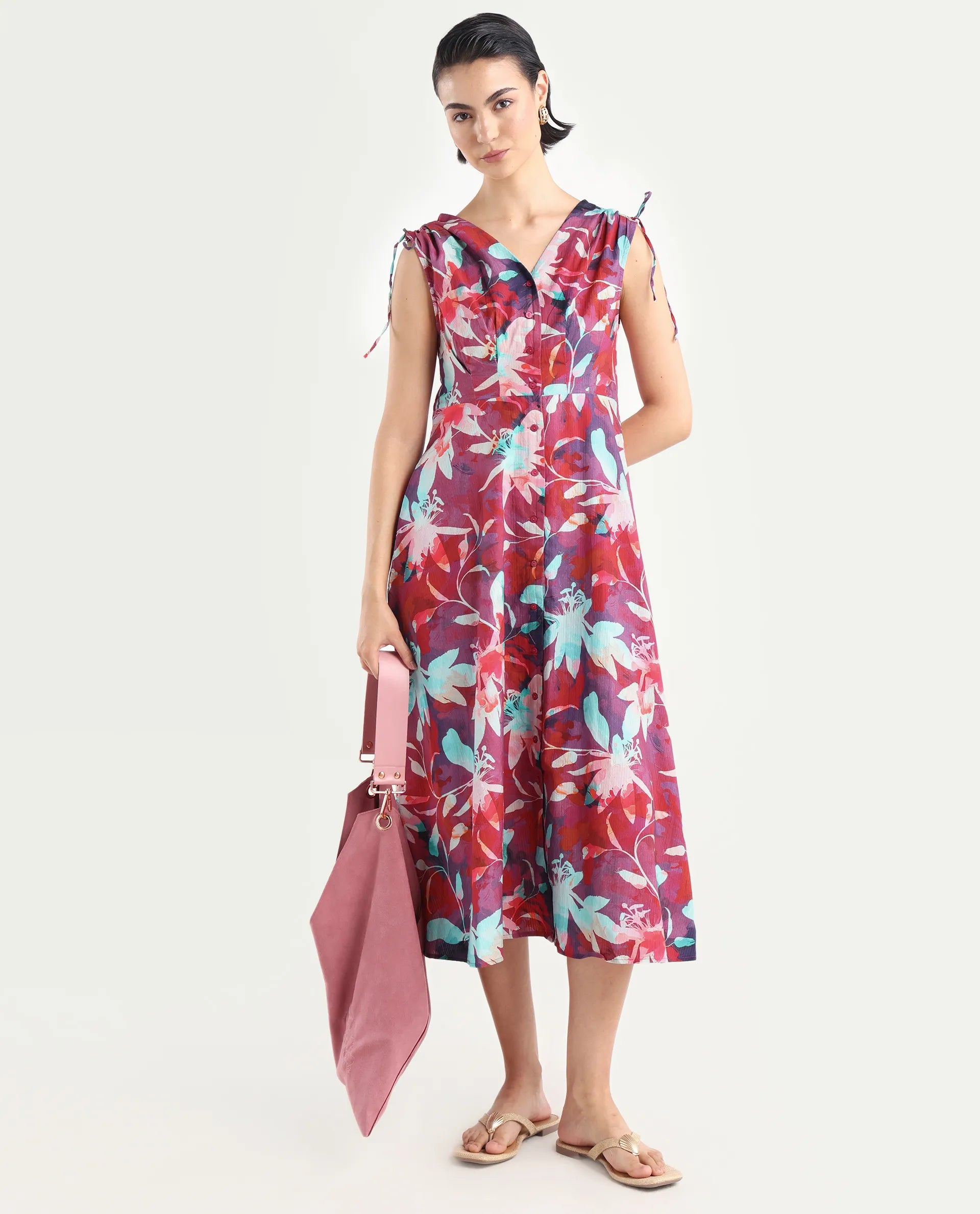 Rareism Women's Terumi Dark Multi Cotton Blend V-Neck Floral Print Sleeveless Midi Regular Fit Dress