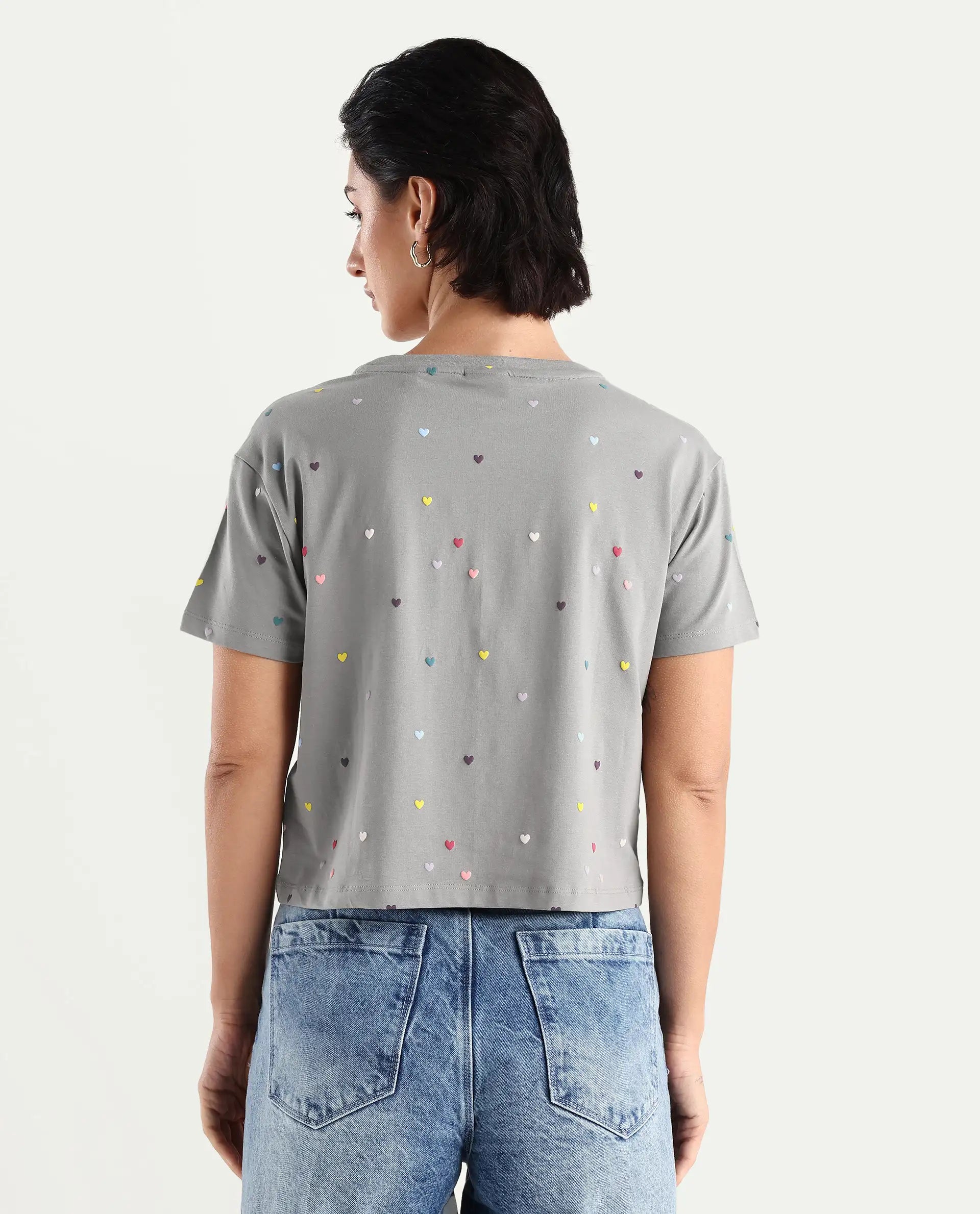 Rareism Women's Tesav Dark Grey Cotton Blend Crew Neck Object Print Crop Relaxed Fit T-Shirt