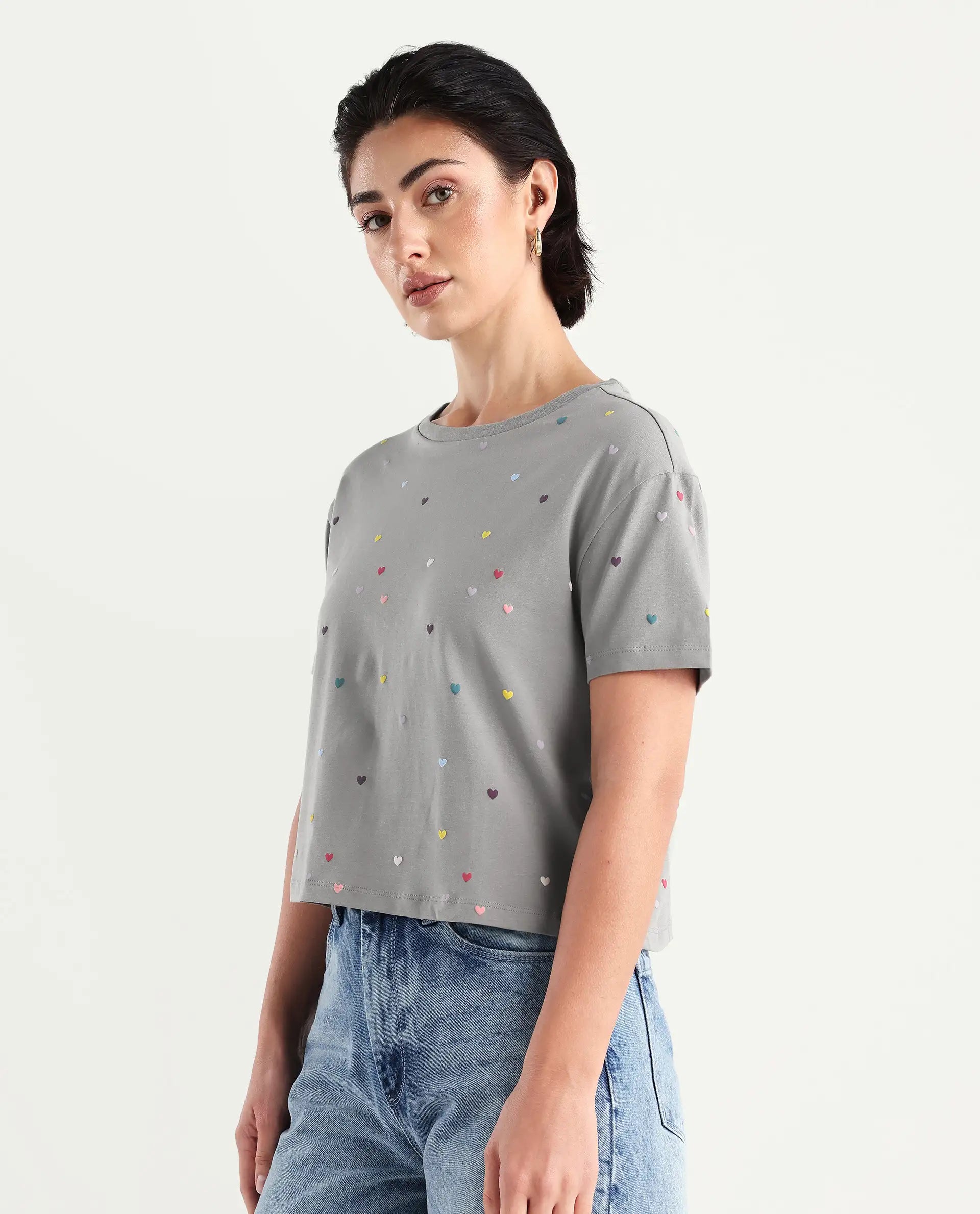 Rareism Women's Tesav Dark Grey Cotton Blend Crew Neck Object Print Crop Relaxed Fit T-Shirt