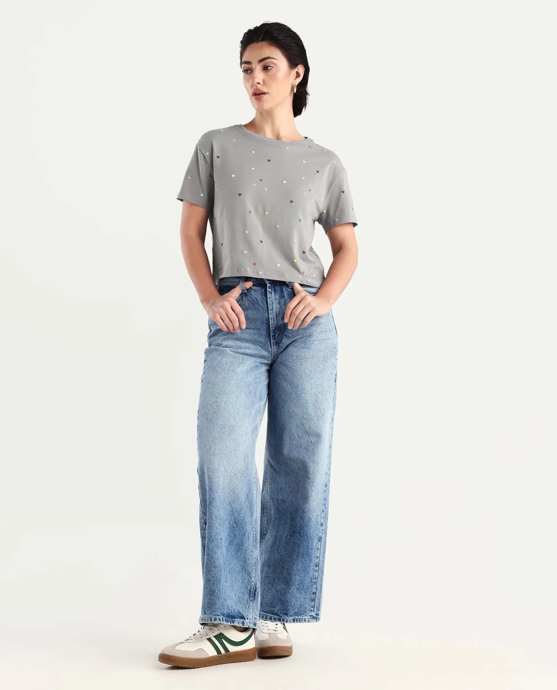 Rareism Women's Tesav Dark Grey Cotton Blend Crew Neck Object Print Crop Relaxed Fit T-Shirt