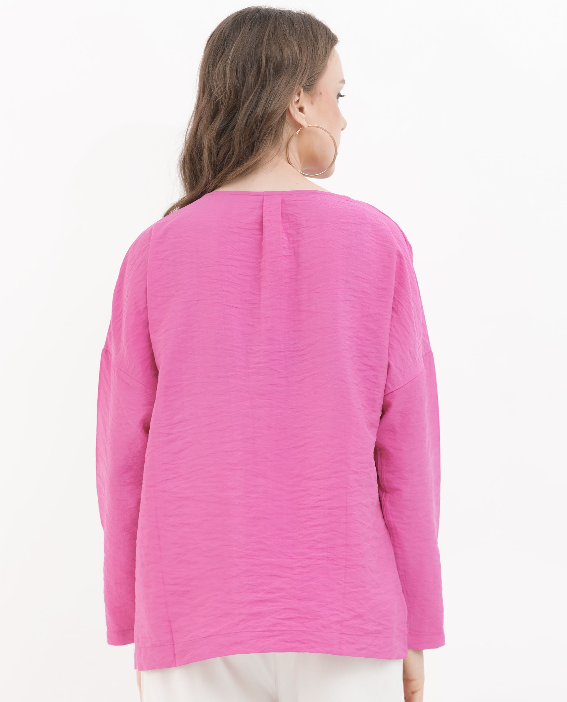 Rareism Women Tesioka Flouroscent Pink Rayon Nylon Fabric Regular Sleeves V-Neck Fit And Flare Solid Top