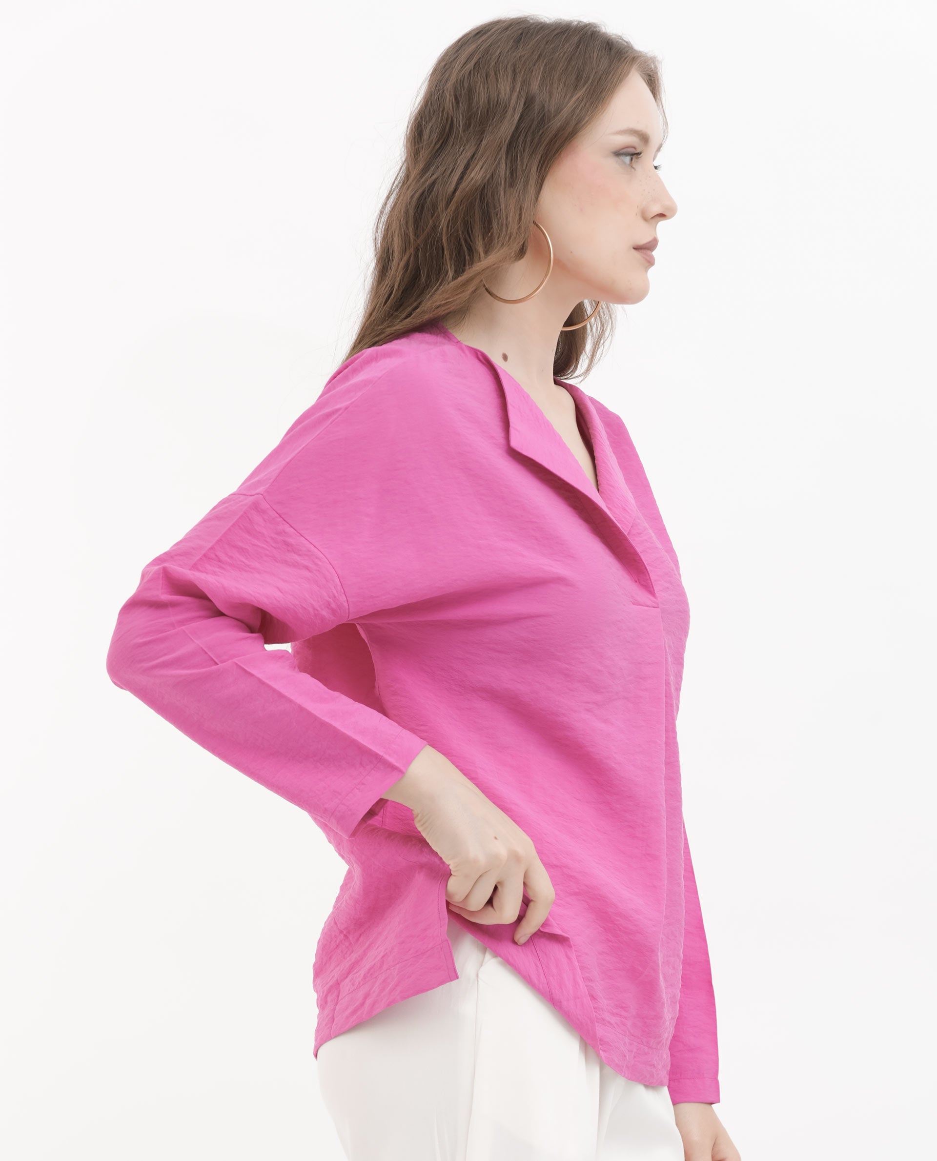 Rareism Women Tesioka Flouroscent Pink Rayon Nylon Fabric Regular Sleeves V-Neck Fit And Flare Solid Top