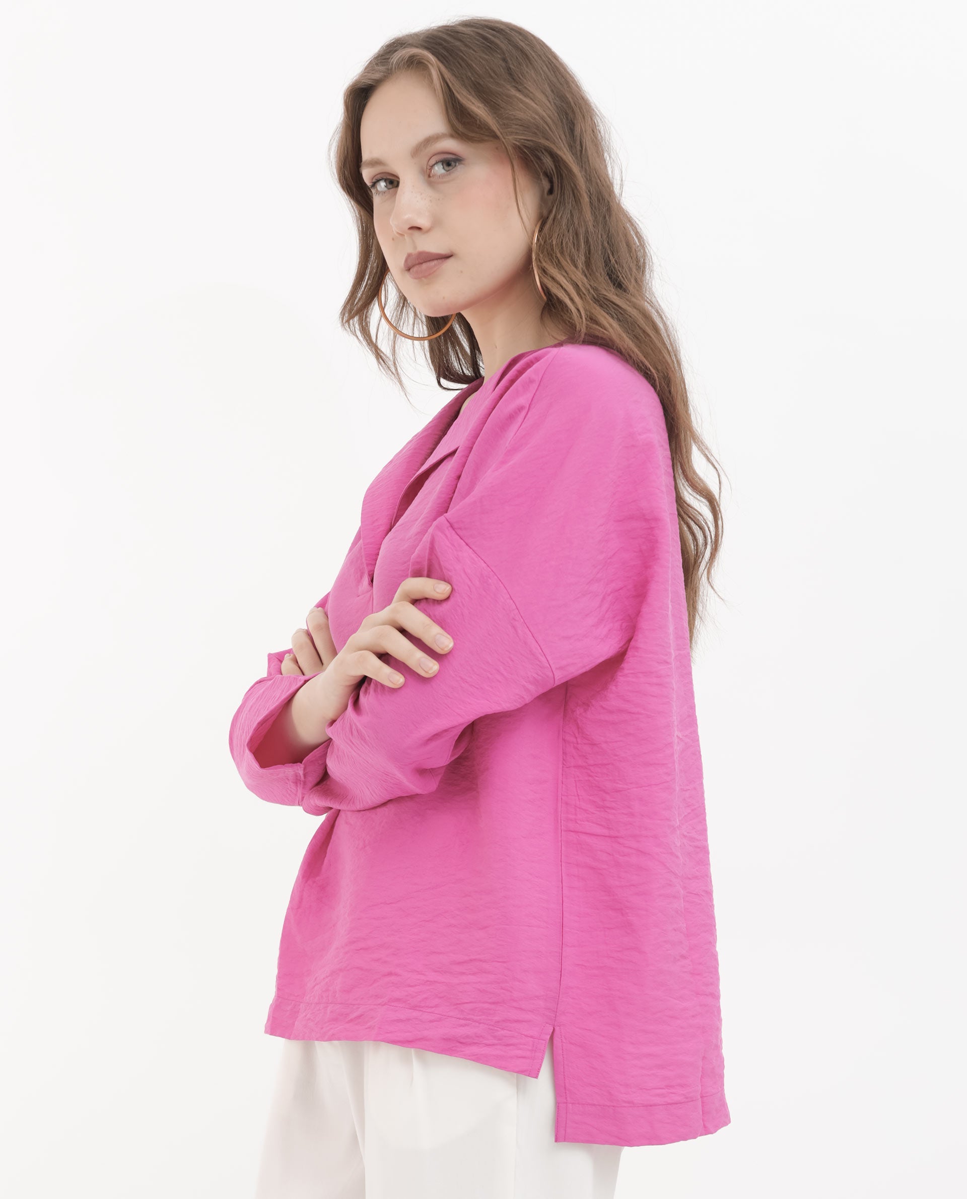 Rareism Women Tesioka Flouroscent Pink Rayon Nylon Fabric Regular Sleeves V-Neck Fit And Flare Solid Top