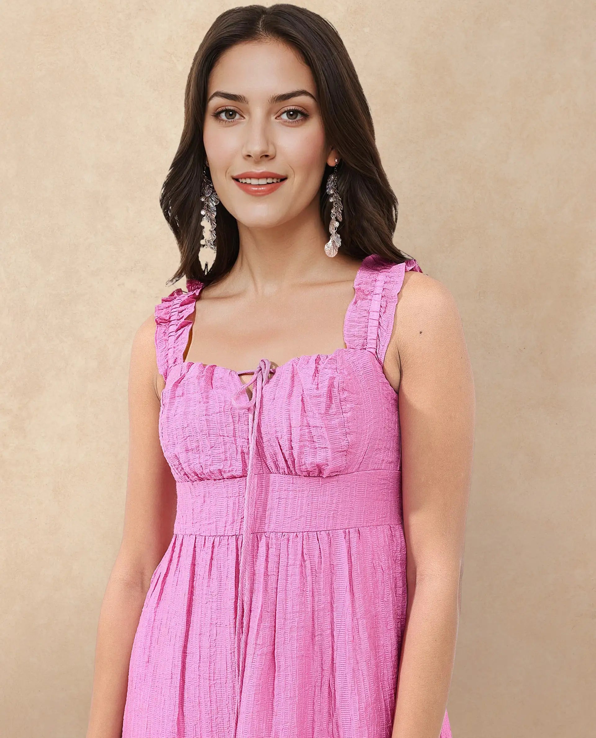 Rareism Women Tesi Flouroscent Pink Rayon Nylon Fabric Noodle Strap Solid Longline Dress