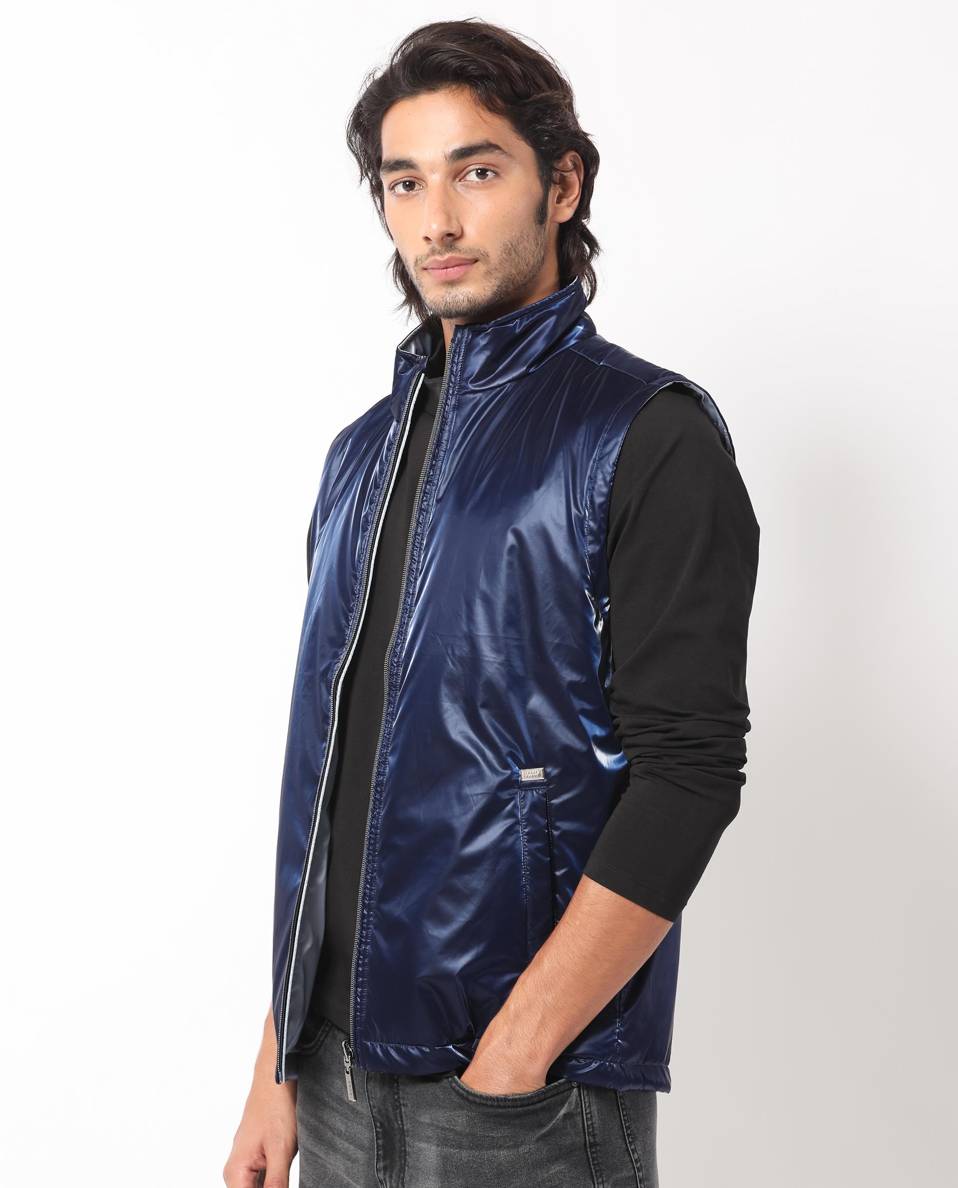 Rare Rabbit Men's Taxco Navy Plain Two-Tone Reversible Metallic Puffer Jacket