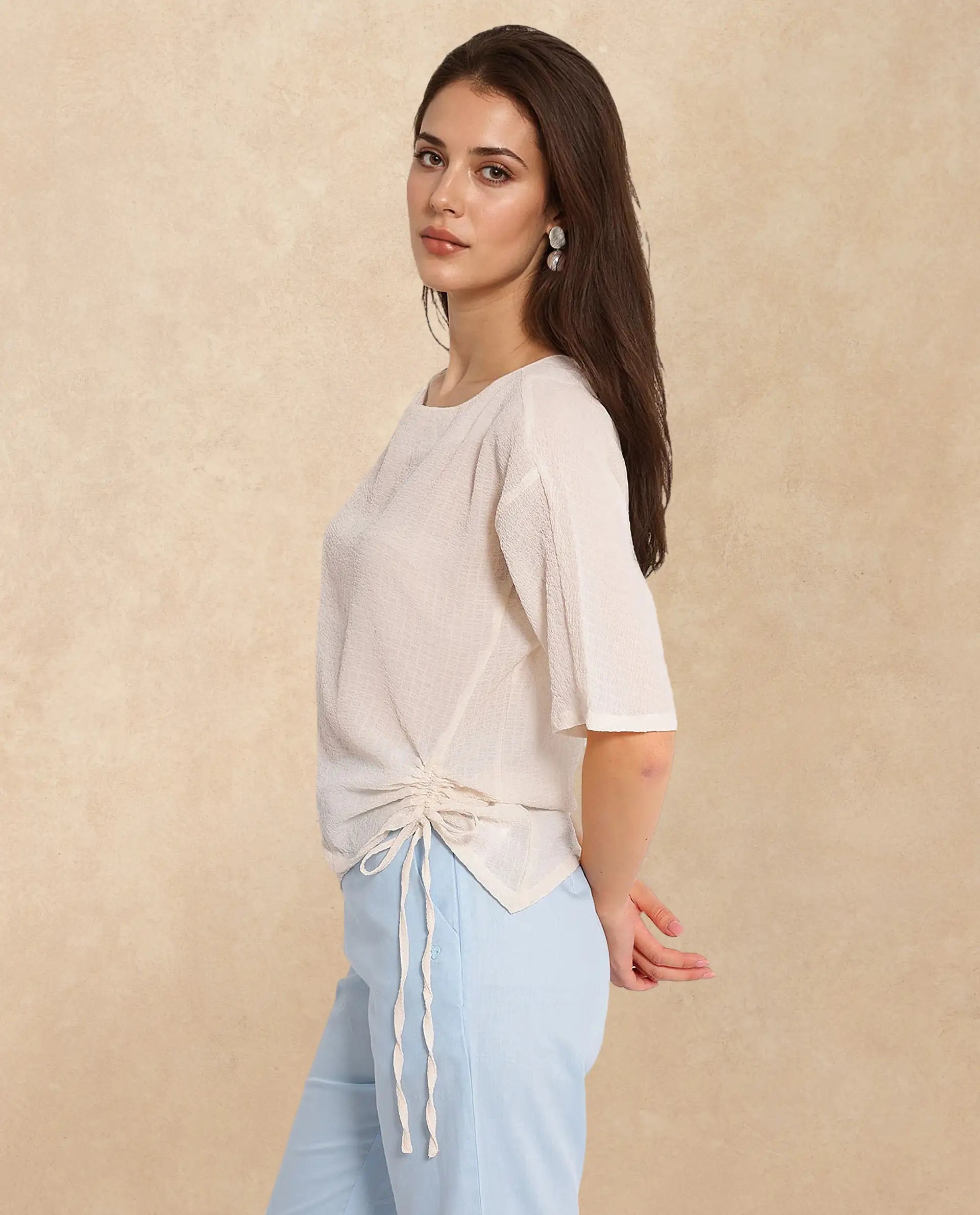 Rareism Women Texmer Beige Short Sleeve Boat Neck Plain Top