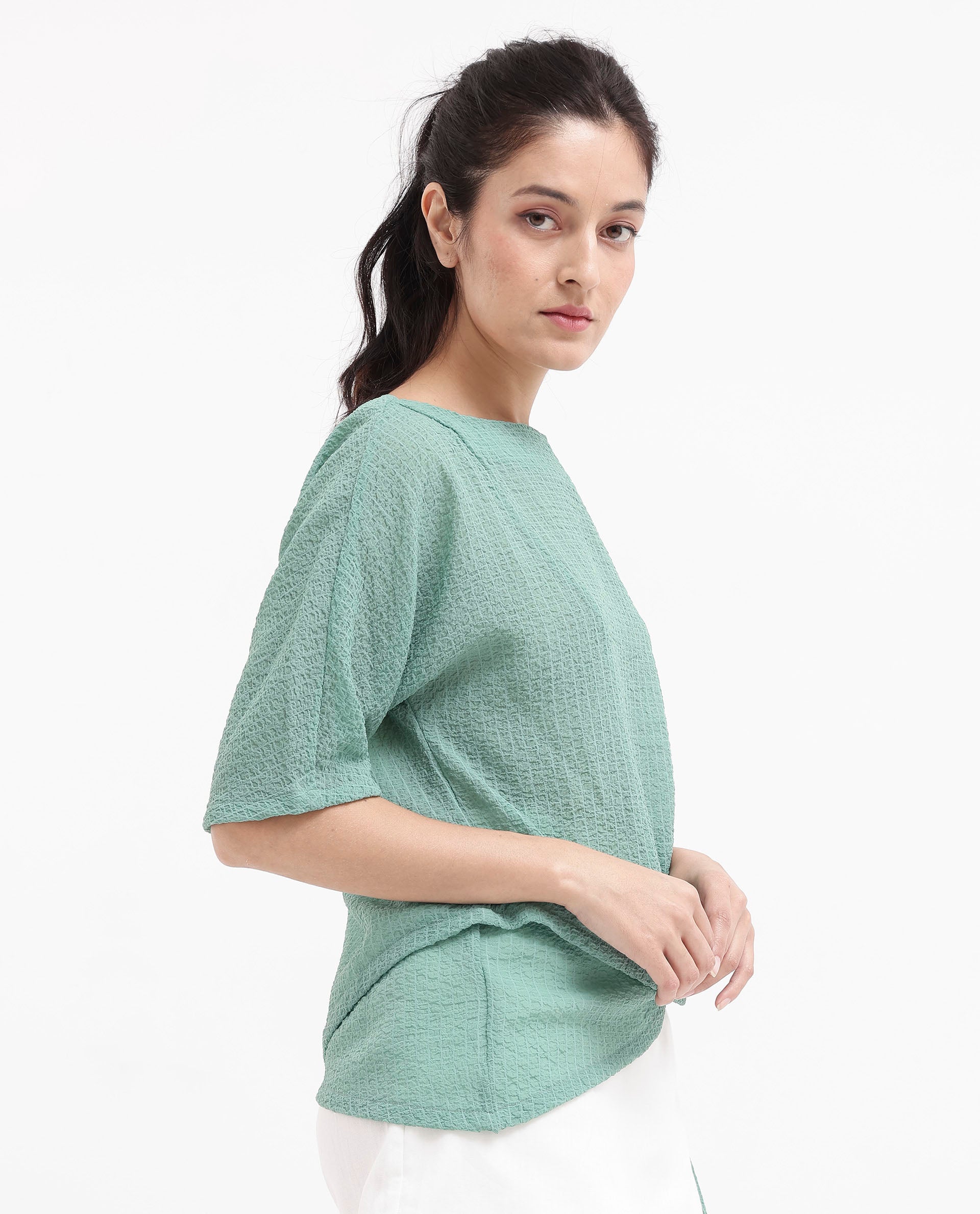 Rareism Women Texmer-SC Green Short Sleeve Boat Neck Plain Top